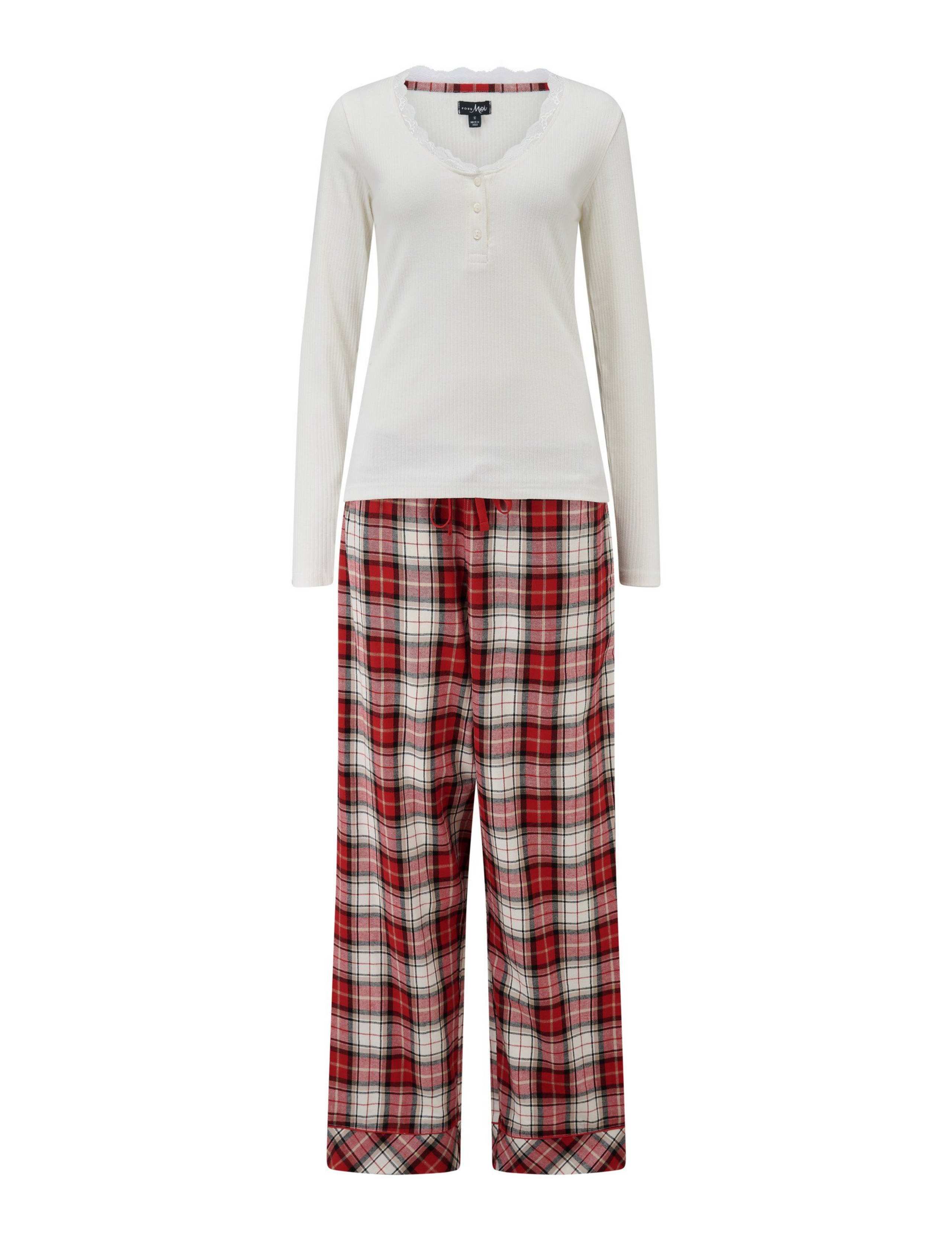 Ribbed Lace Trim Checked Pyjama Set 2 of 9