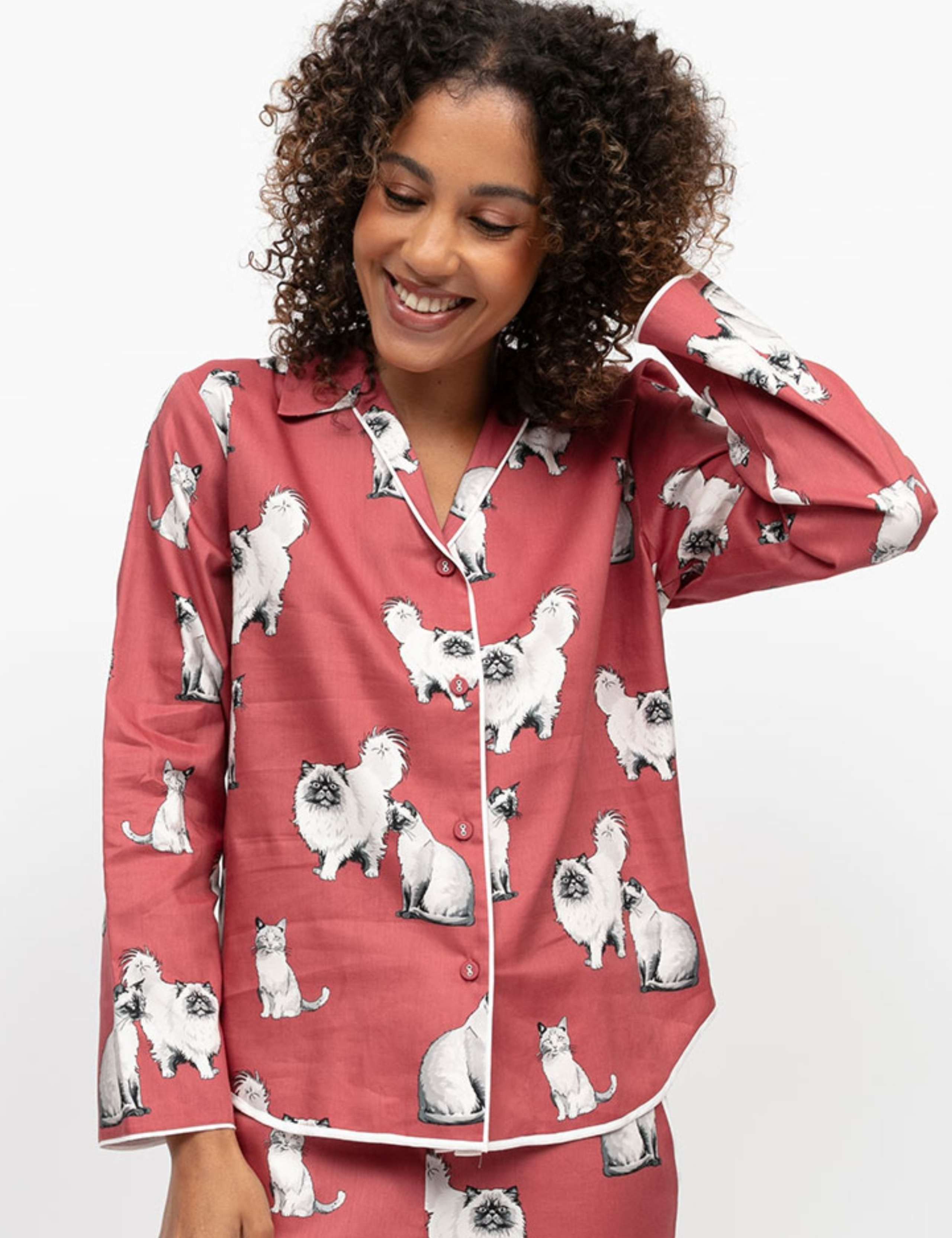 Cotton Modal Cat Print Revere Pyjama Top 1 of 4