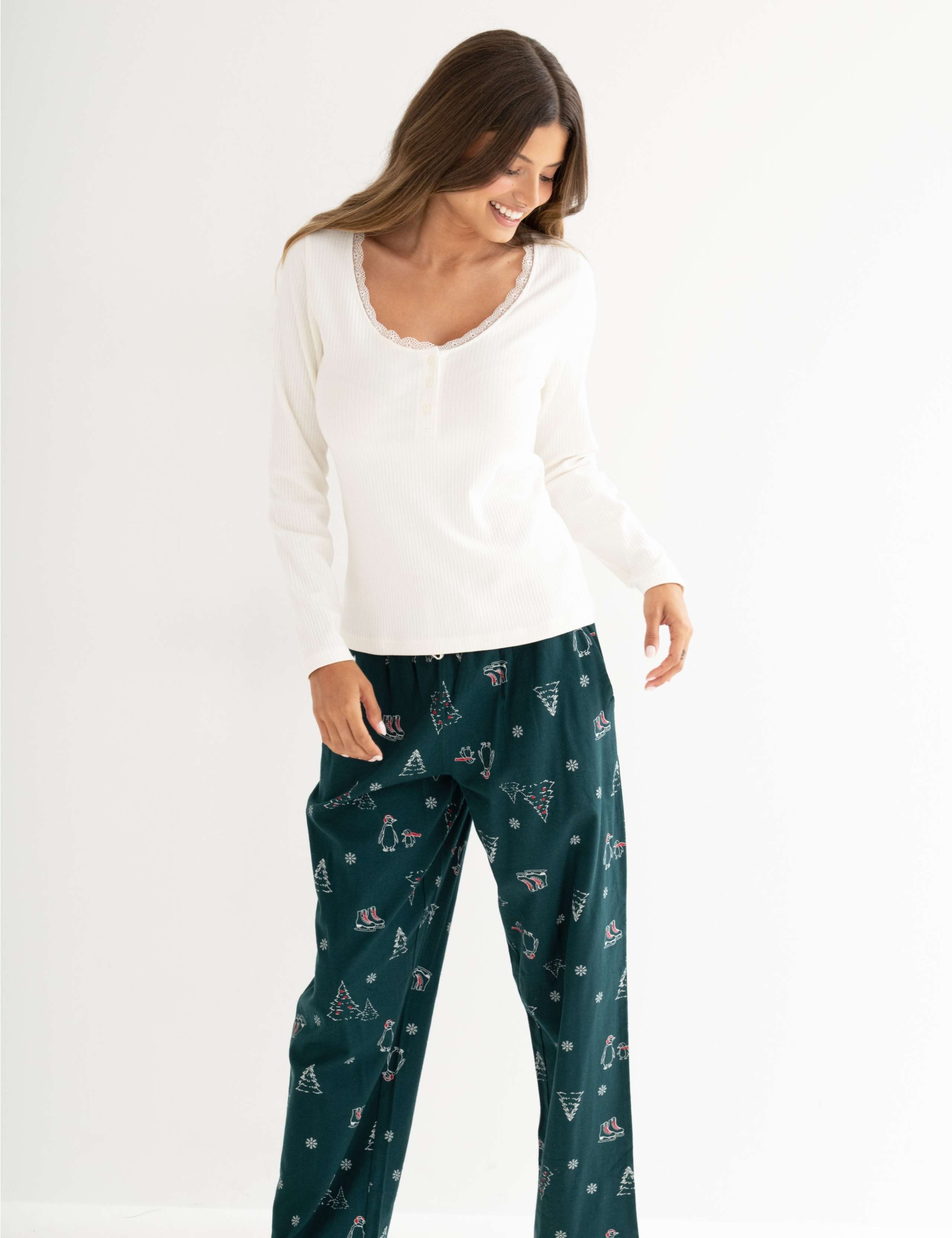 Ribbed Lace Trim Christmas Pyjama Set 5 of 5