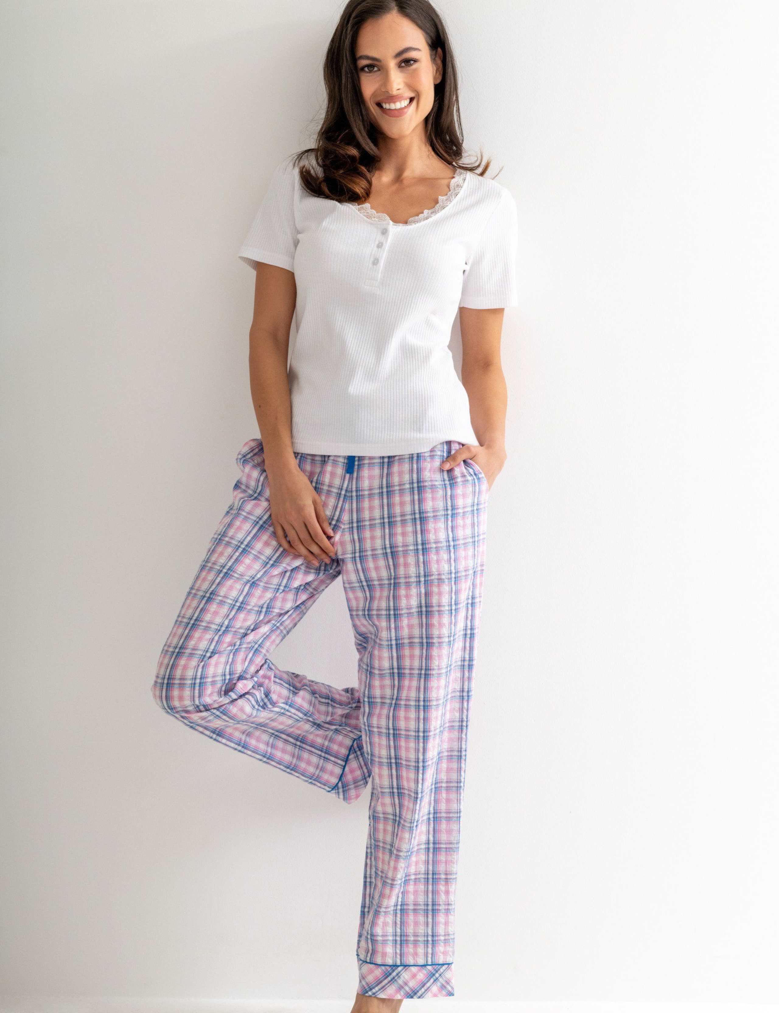Ribbed Henley T-Shirt & Seersucker Trouser Pyjama Set 6 of 14