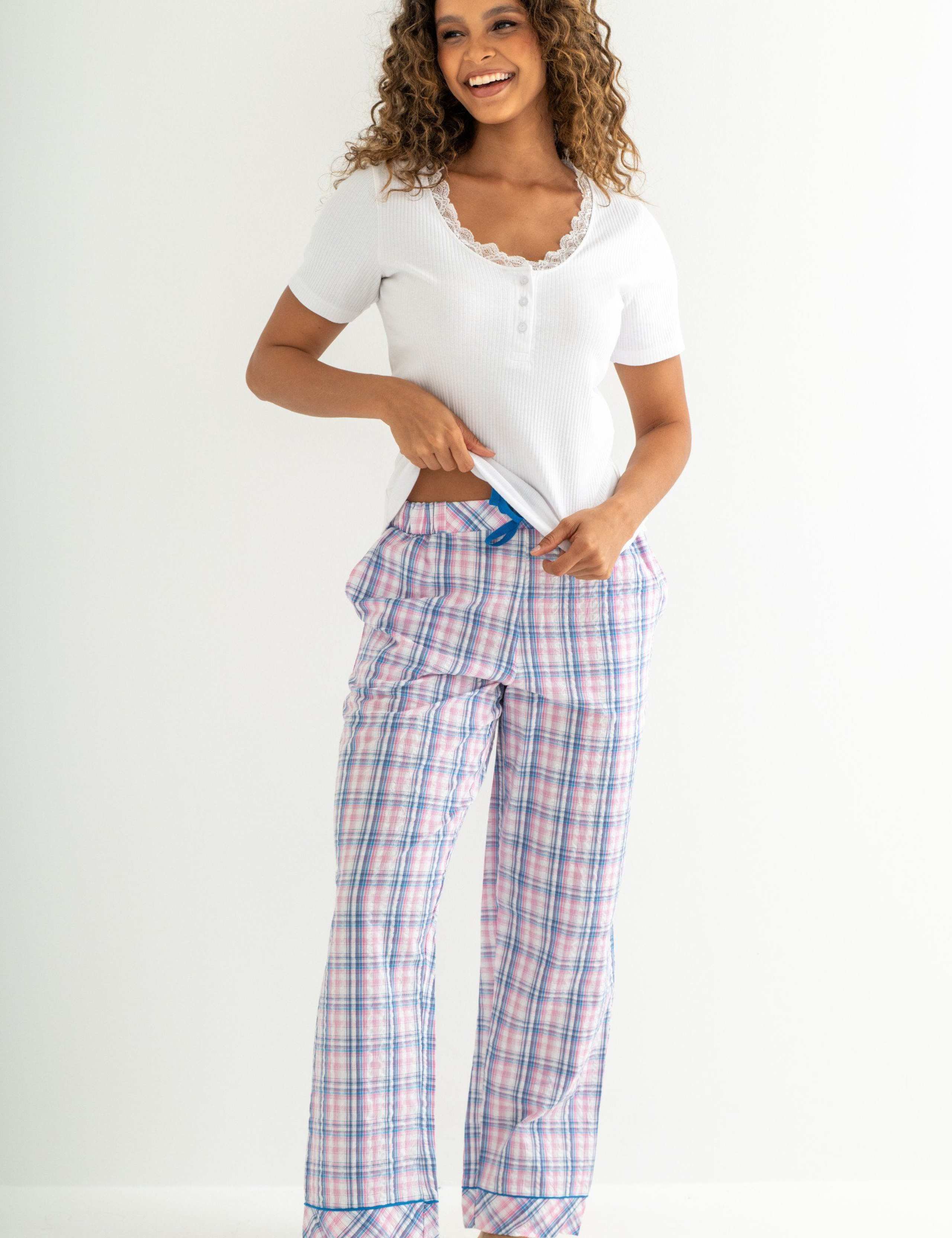 Ribbed Henley T-Shirt & Seersucker Trouser Pyjama Set 7 of 14