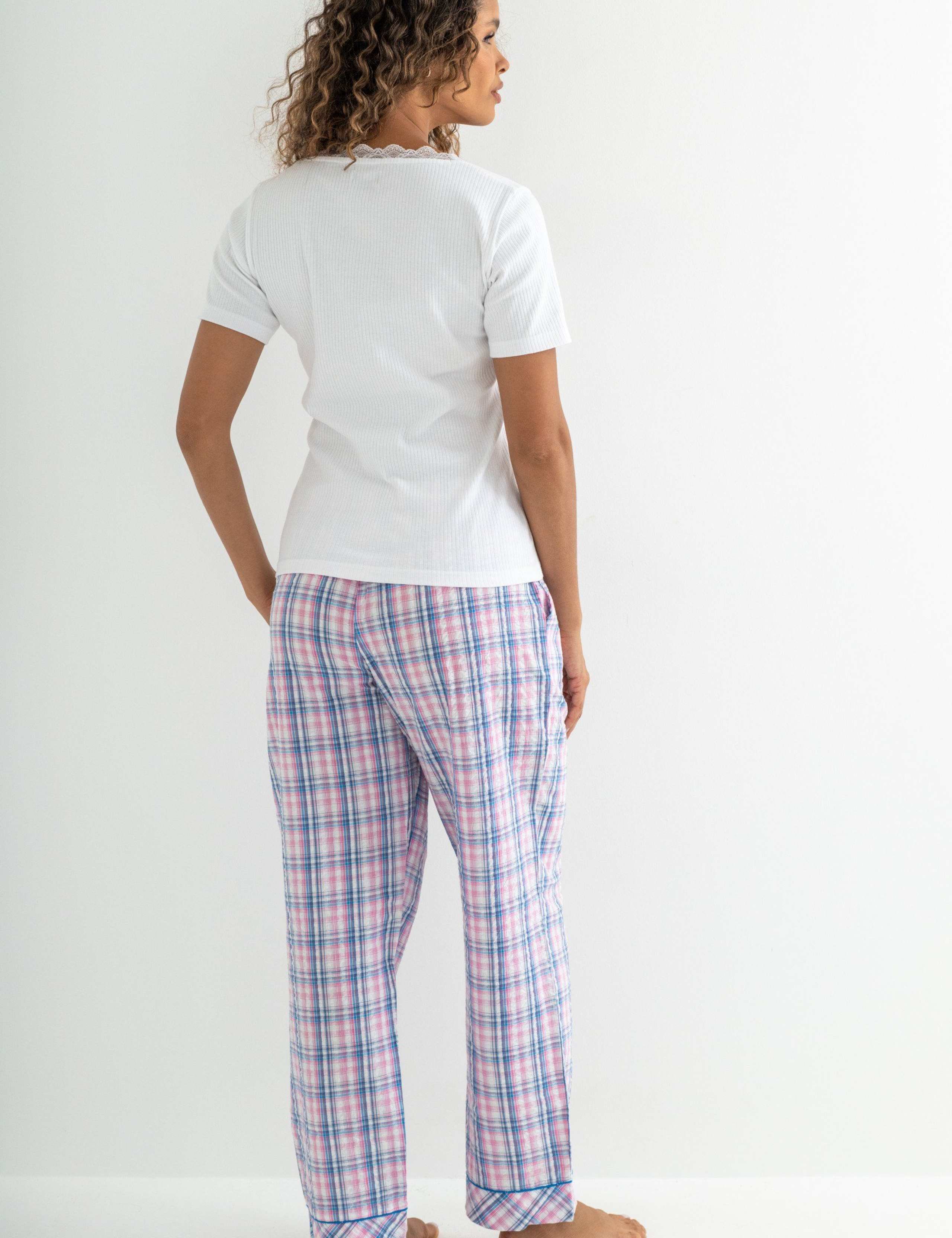 Ribbed Henley T-Shirt & Seersucker Trouser Pyjama Set 9 of 14