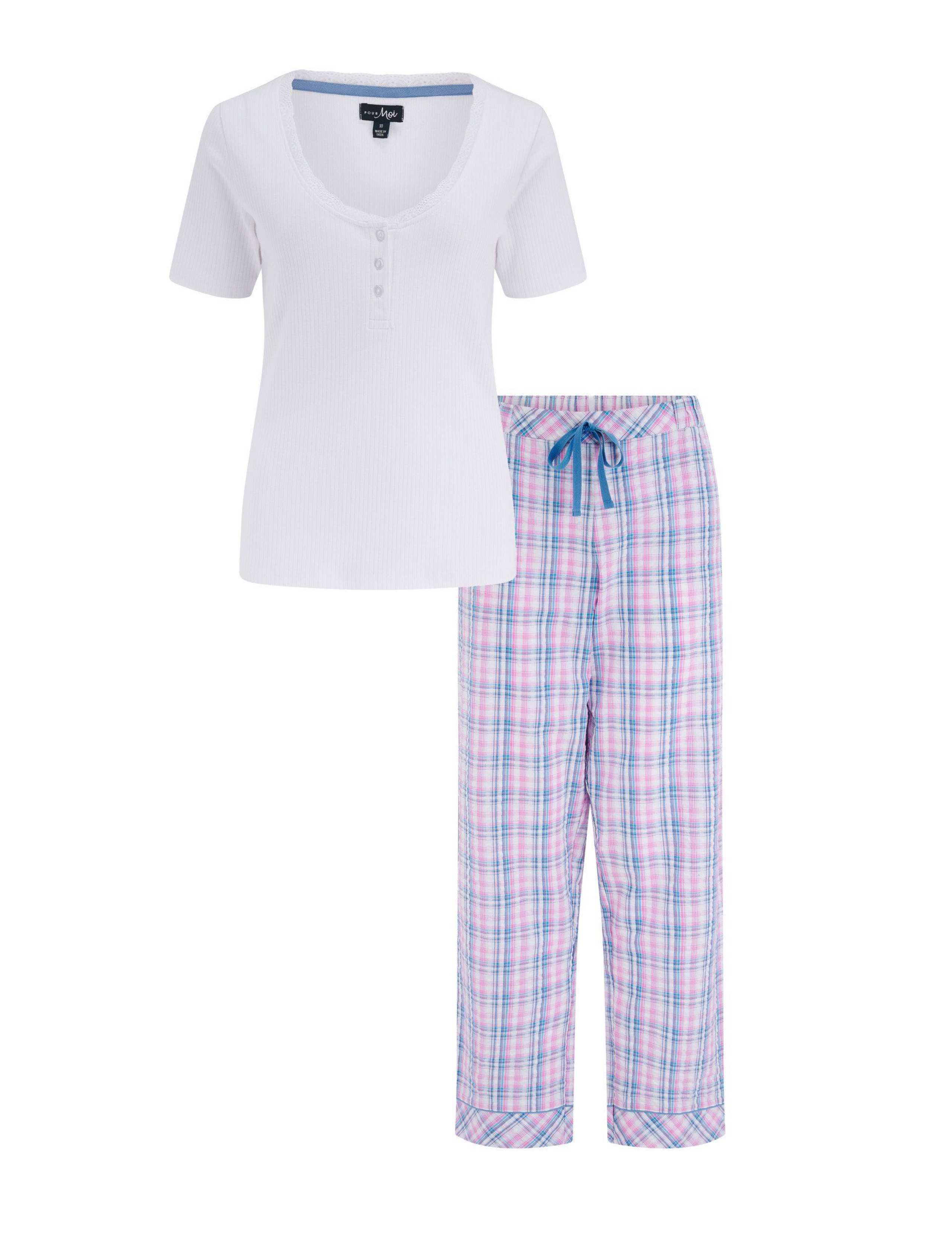 Ribbed Henley T-Shirt & Seersucker Trouser Pyjama Set 2 of 14
