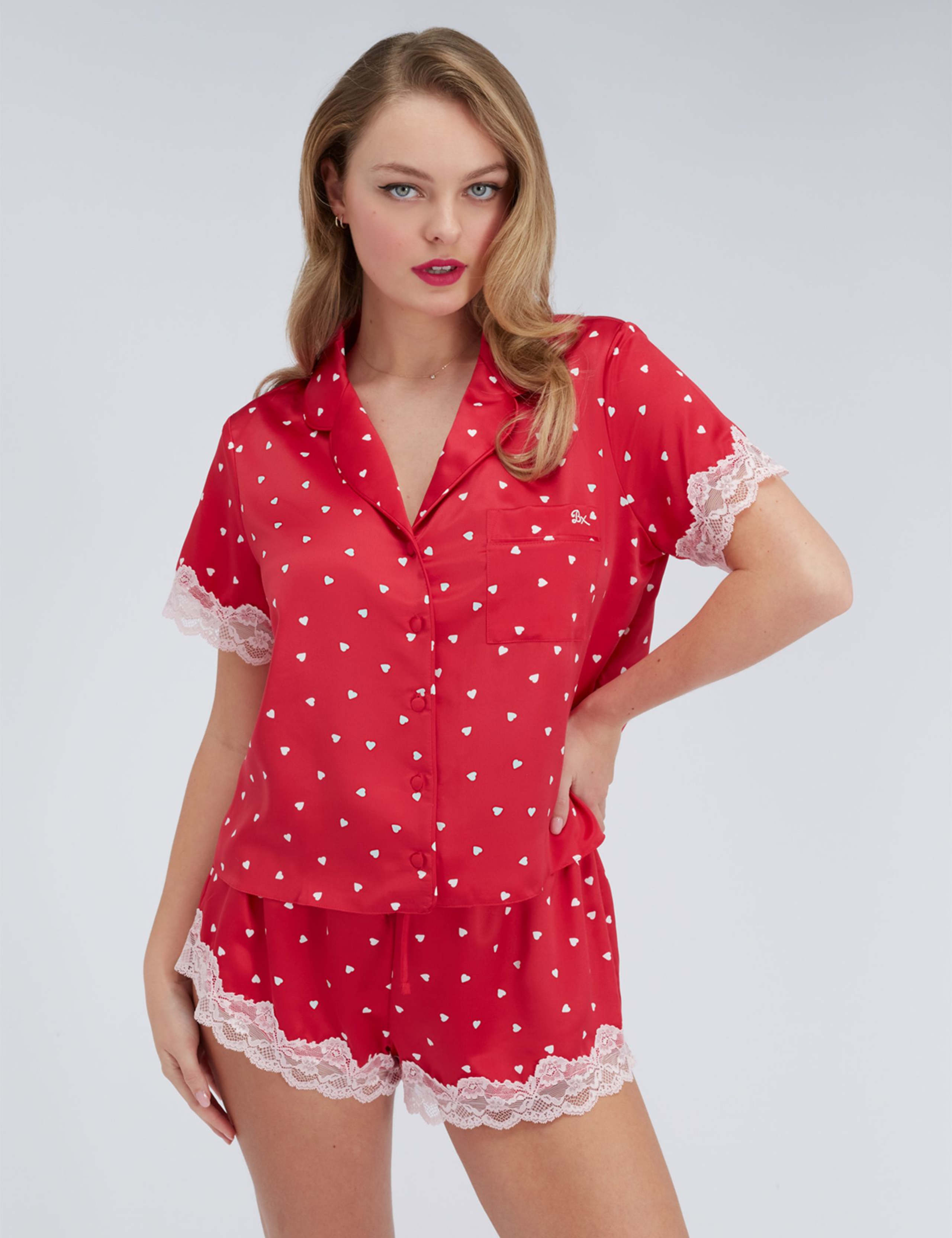 Amelia Satin Valentines Heart Lace Trim Shortie Set 1 of 4