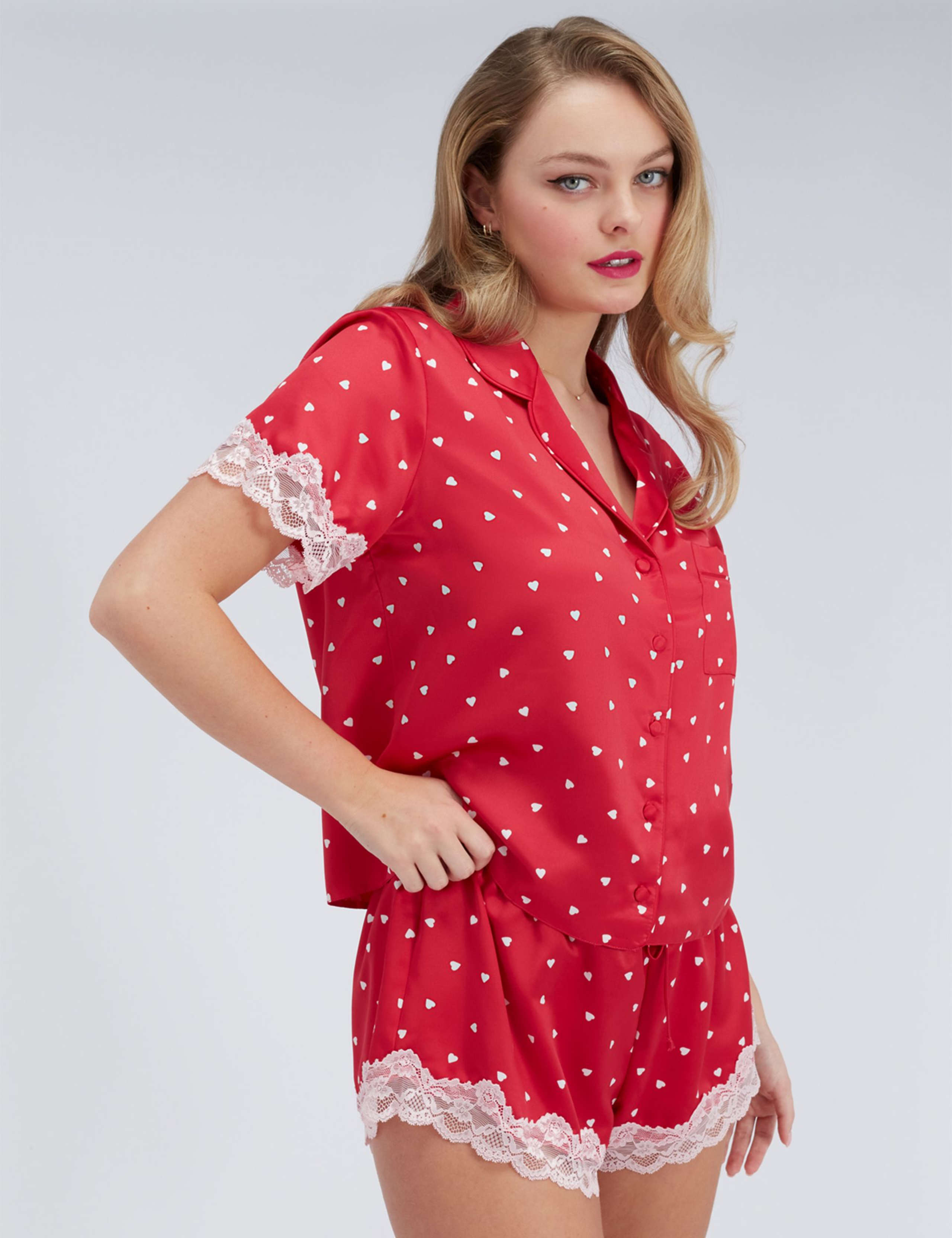 Amelia Satin Valentines Heart Lace Trim Shortie Set 2 of 4