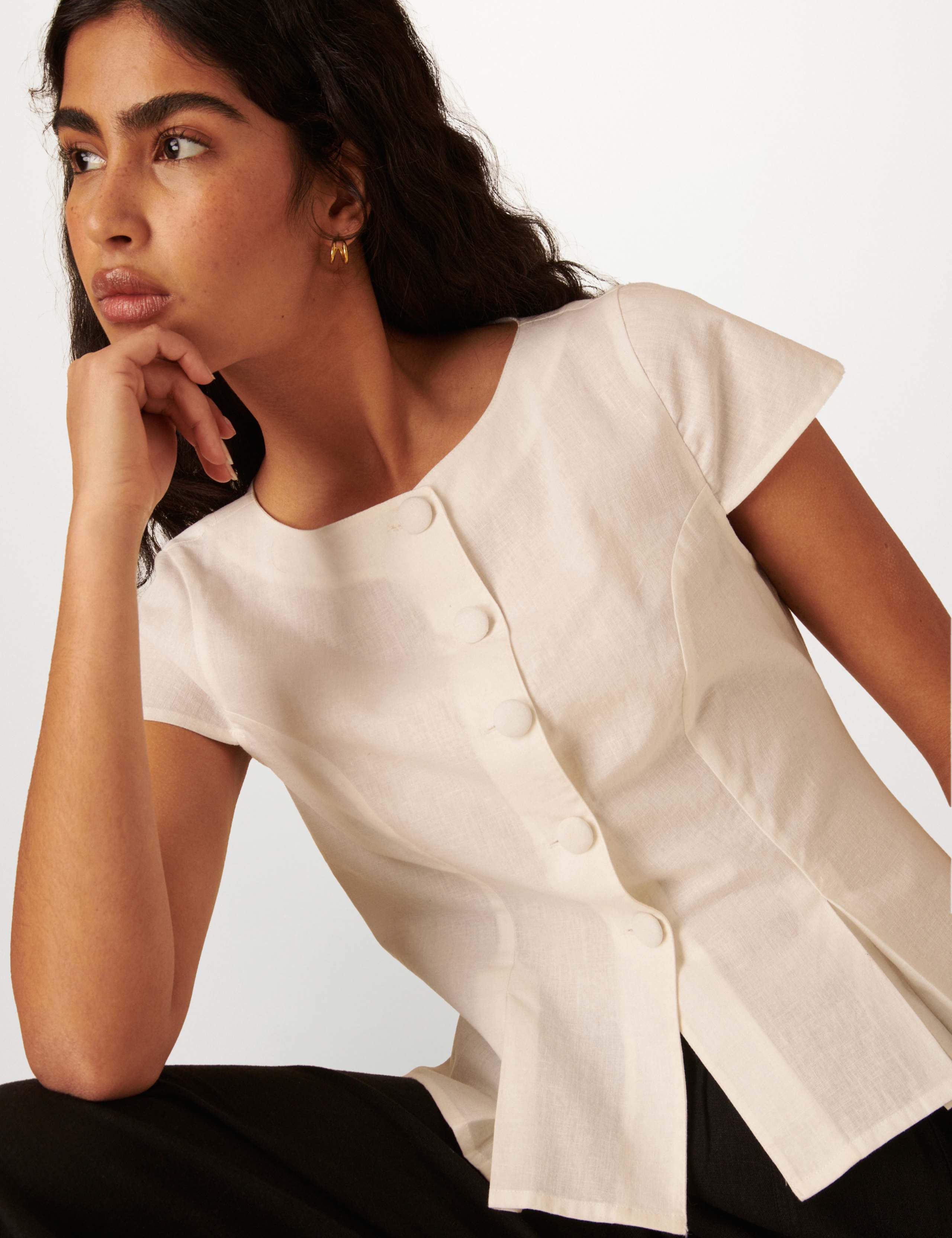 Linen Blend Pleat Detail Button Through Top 2 of 9