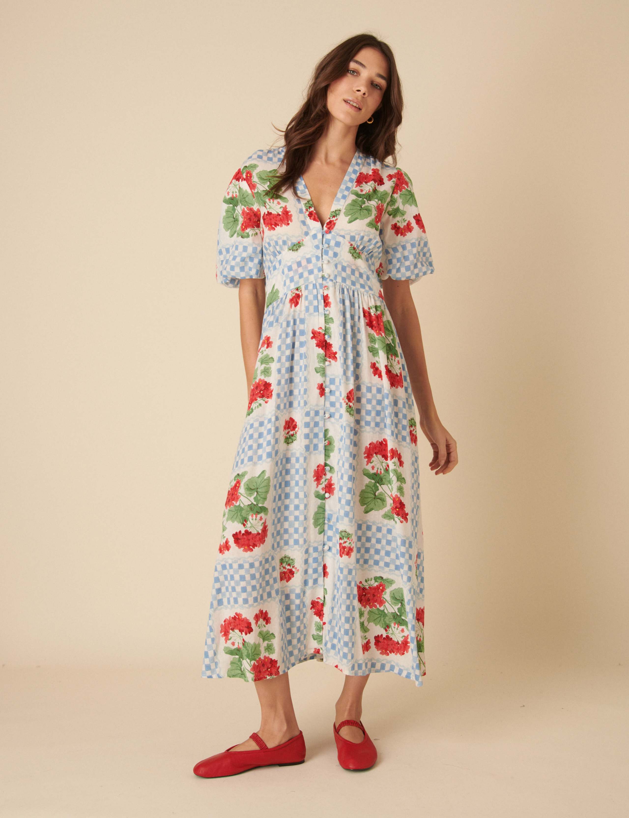 Lyocell Rich Floral V-Neck Midaxi Waisted Dress 1 of 4