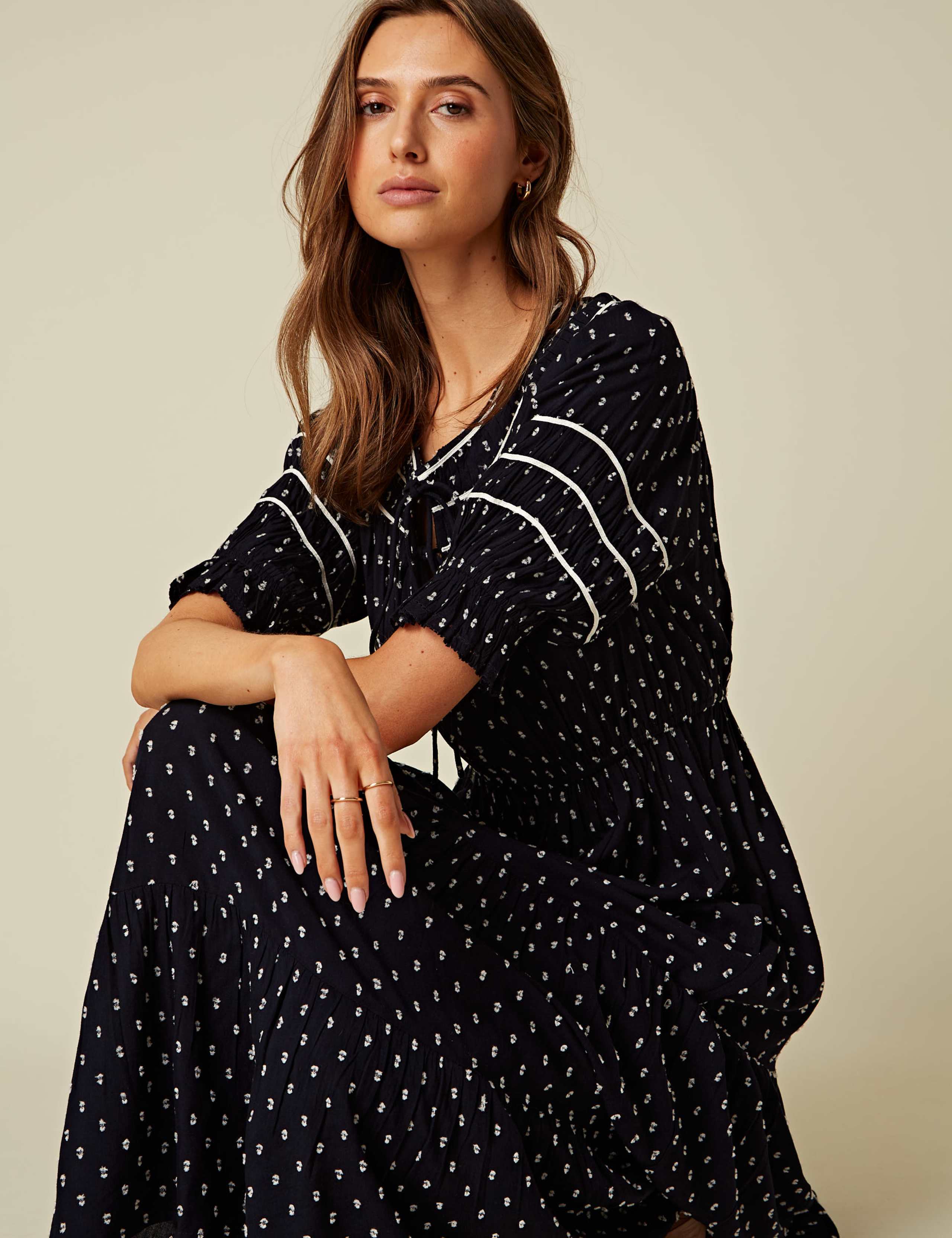 Pure Cotton Printed Tie Neck Midi Smock Dress 4 of 4