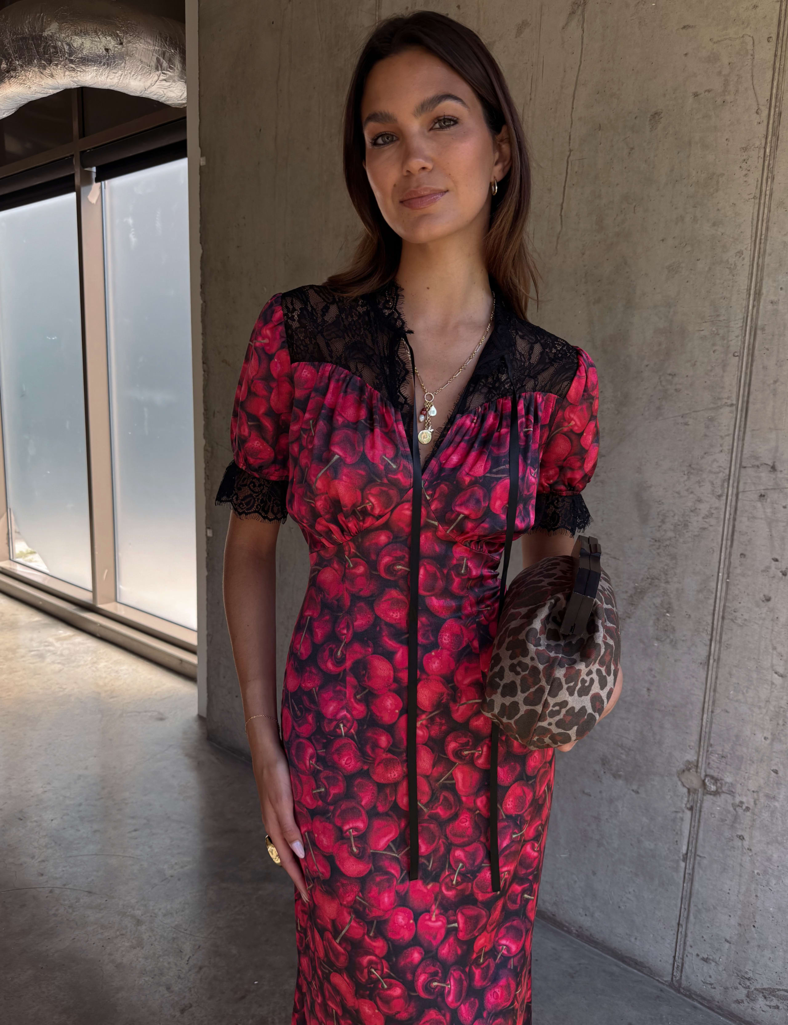 Cherry Print V-Neck Midaxi Column Dress 2 of 7