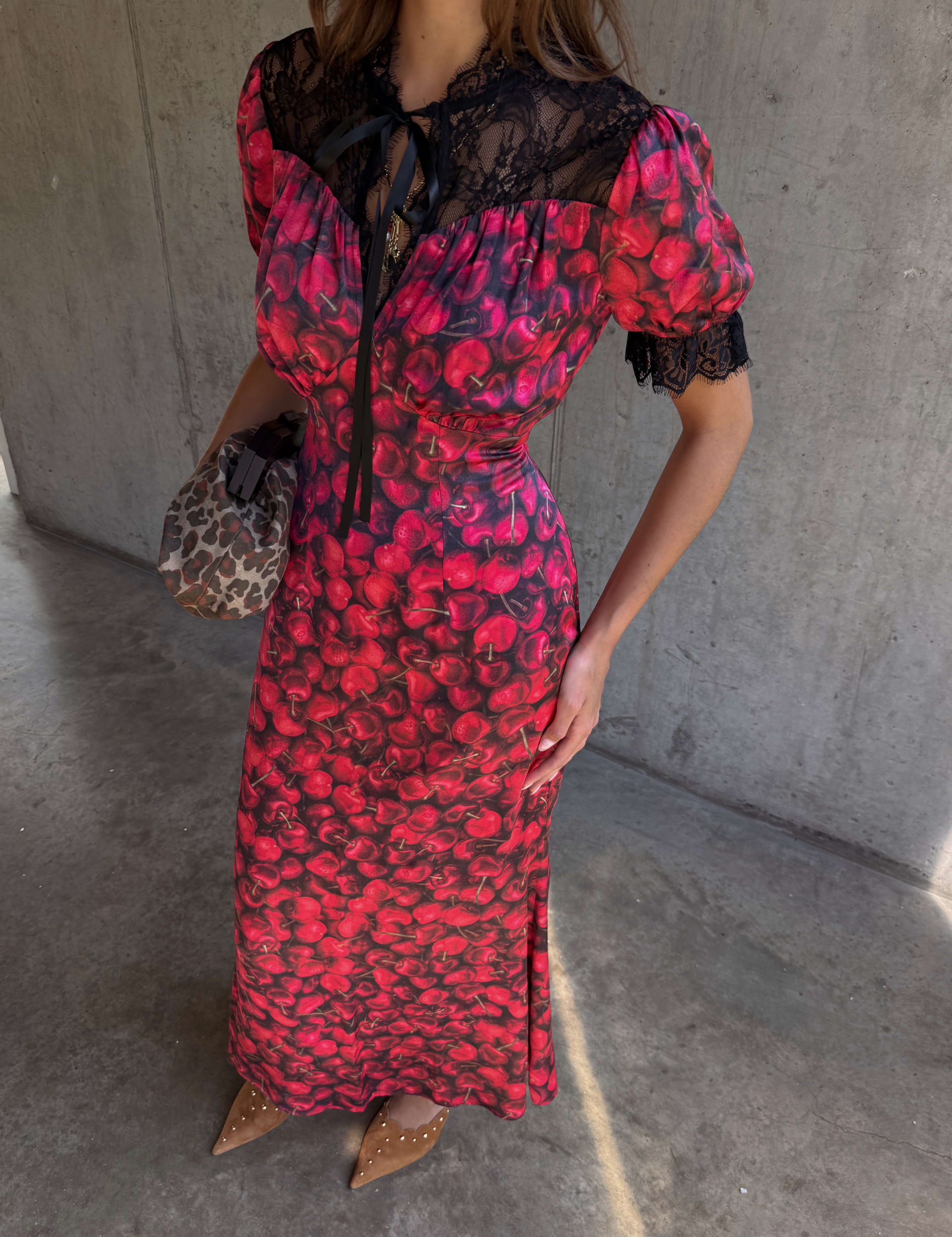 Cherry Print V-Neck Midaxi Column Dress 5 of 7
