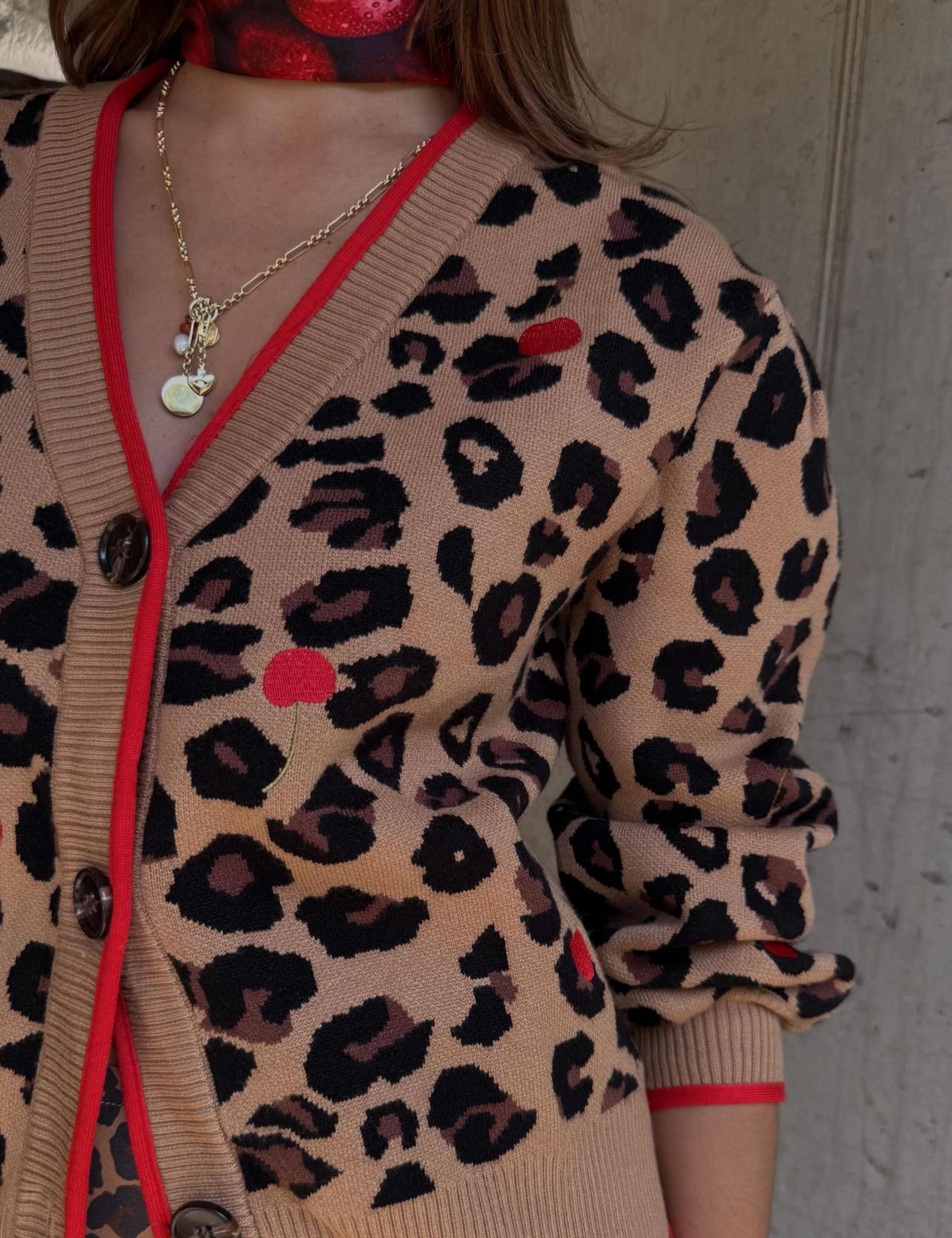 Cherry Leopard Print V-Neck Cardigan 2 of 4