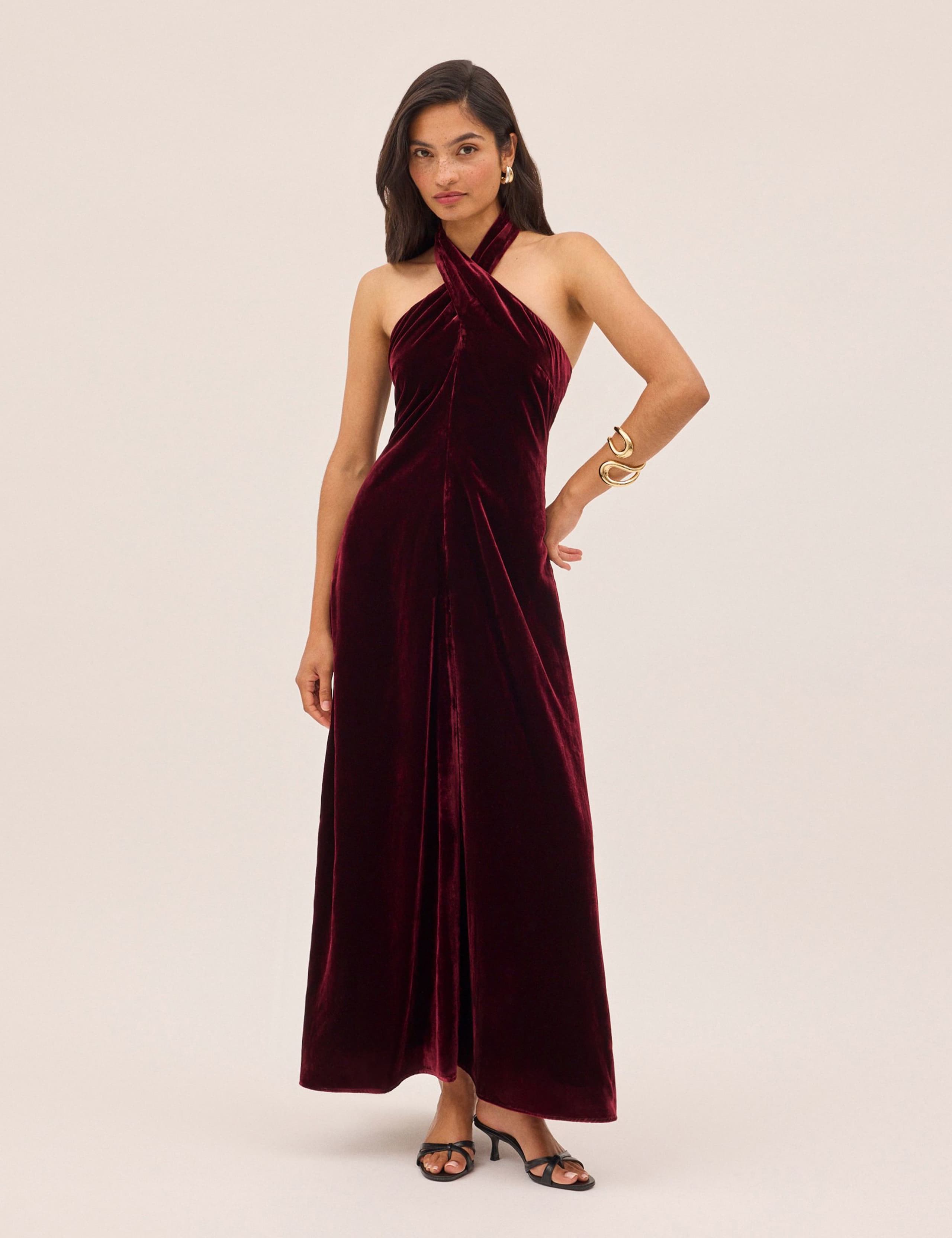 Velvet Halter Neck Maxi Waisted Dress 2 of 4
