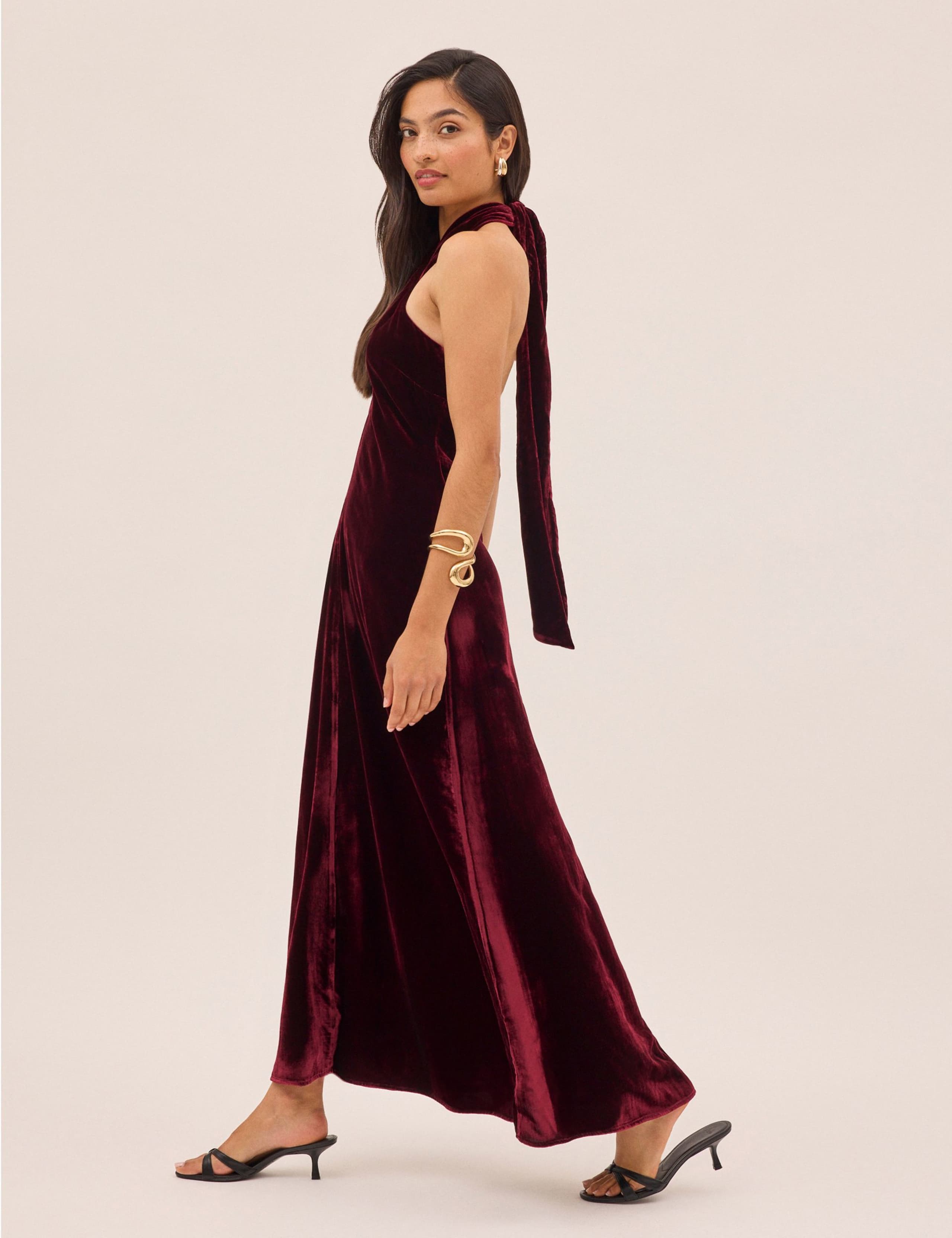 Velvet Halter Neck Maxi Waisted Dress 3 of 4