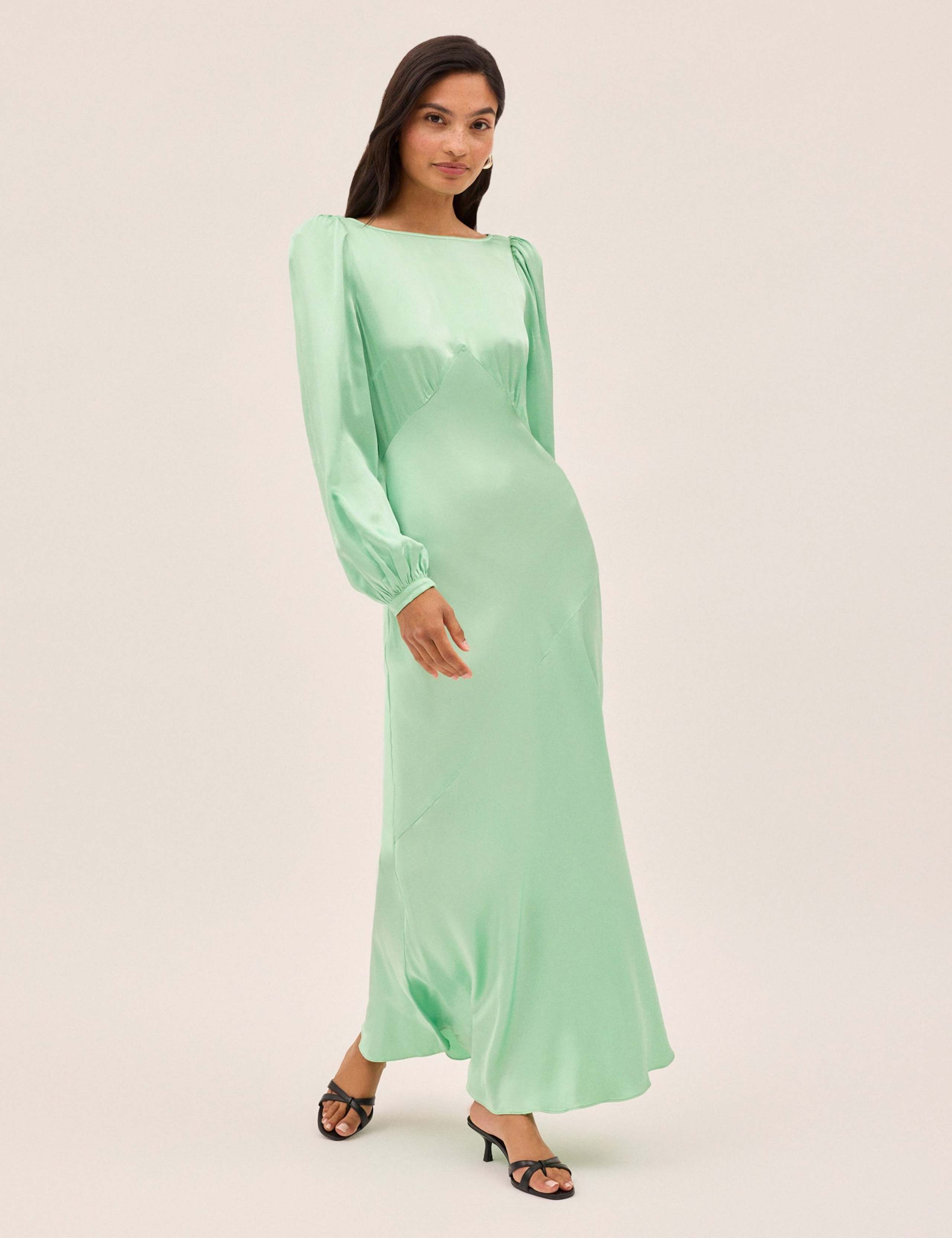 Satin Blouson Sleeve Maxi Waisted Dress 2 of 5