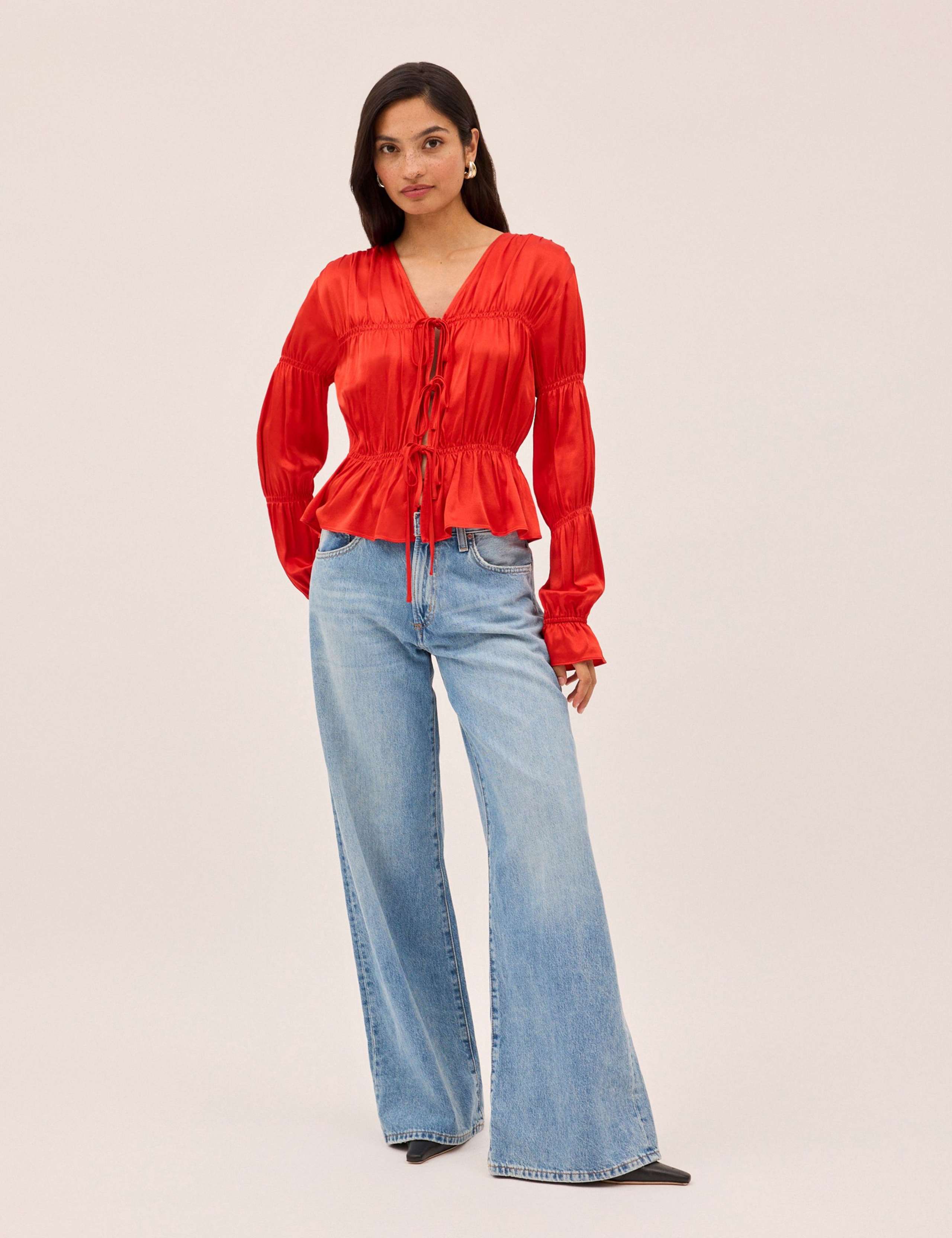 Satin V-Neck Tie Front Relaxed Blouse 2 of 4