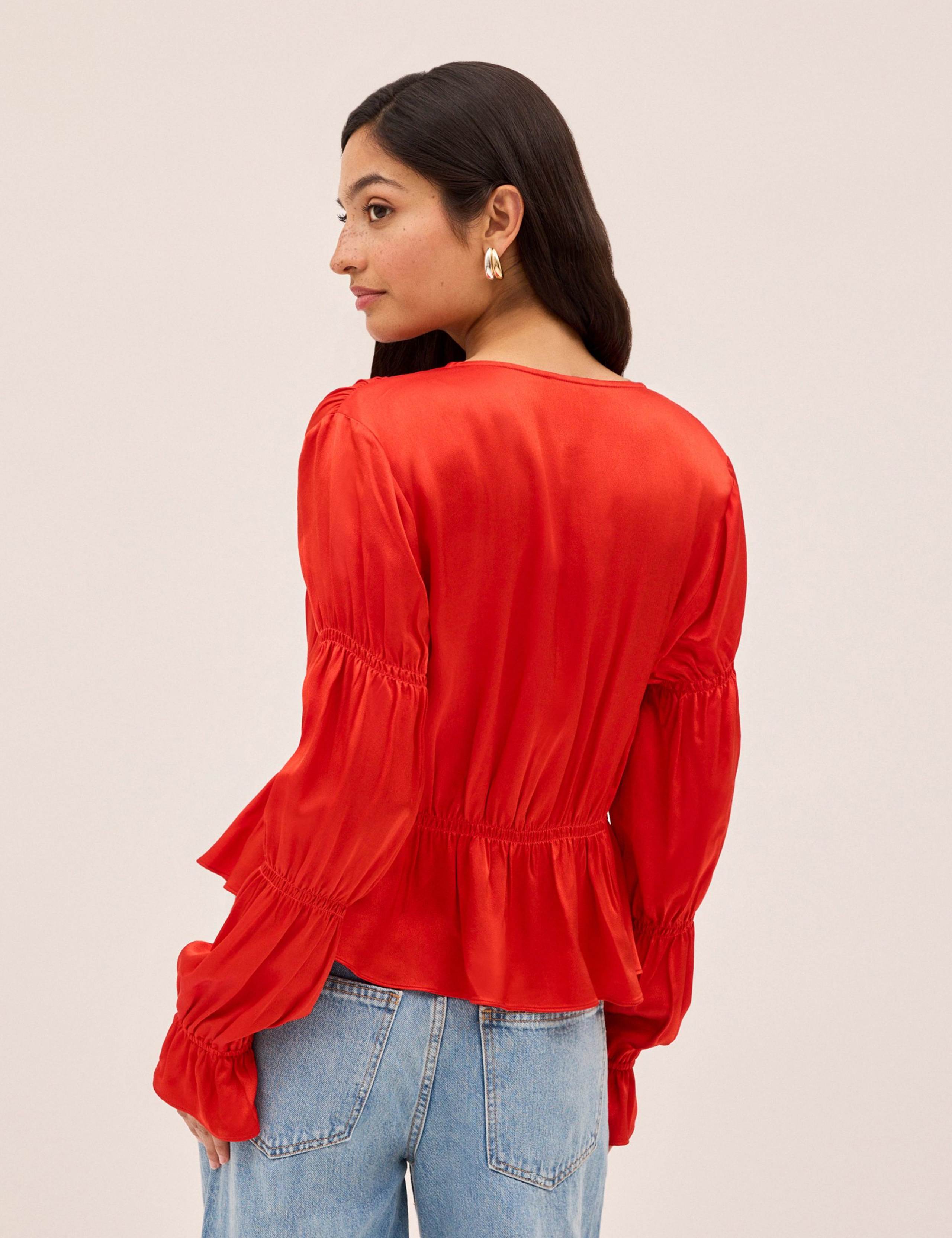 Satin V-Neck Tie Front Relaxed Blouse 3 of 4