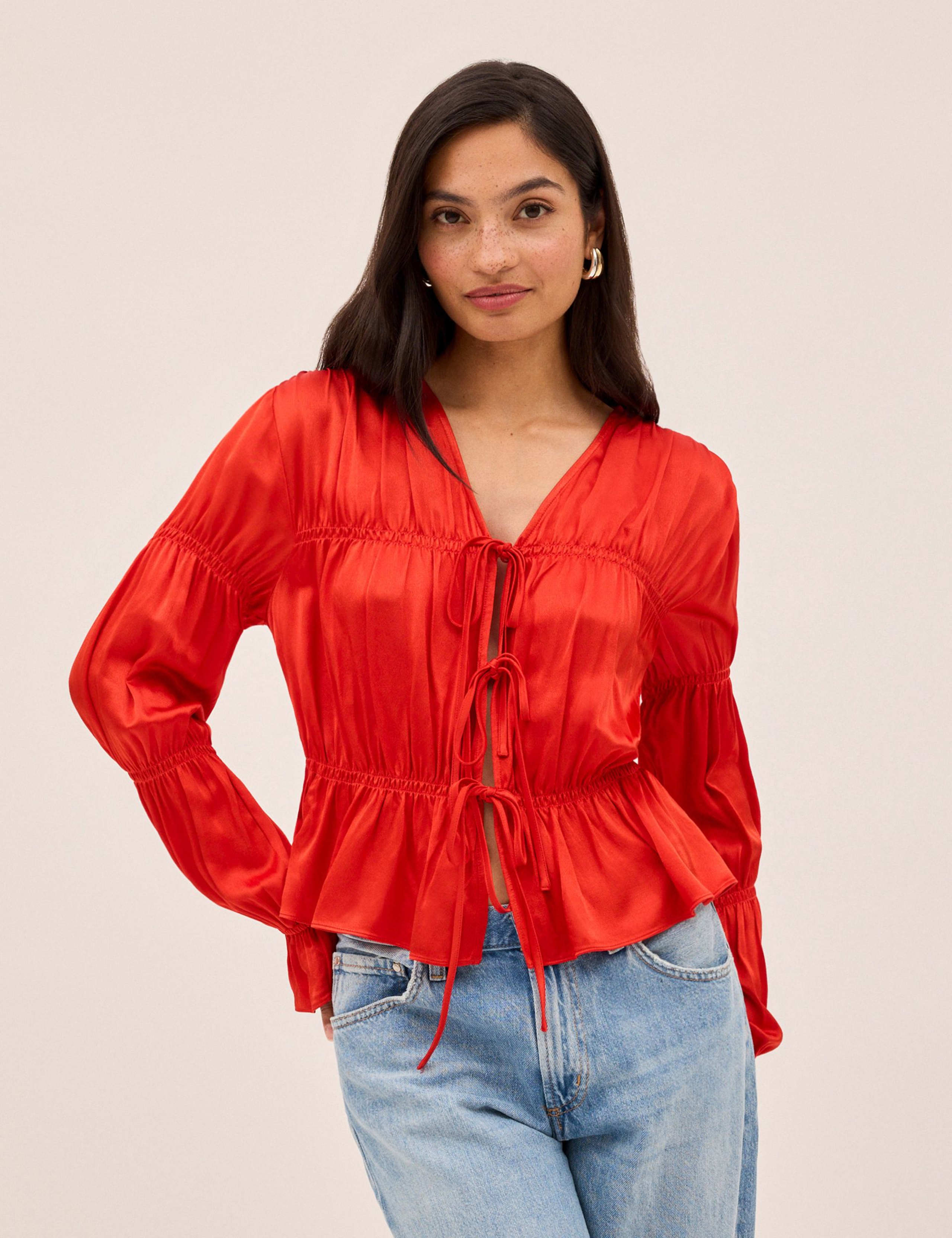 Satin V-Neck Tie Front Relaxed Blouse 4 of 4