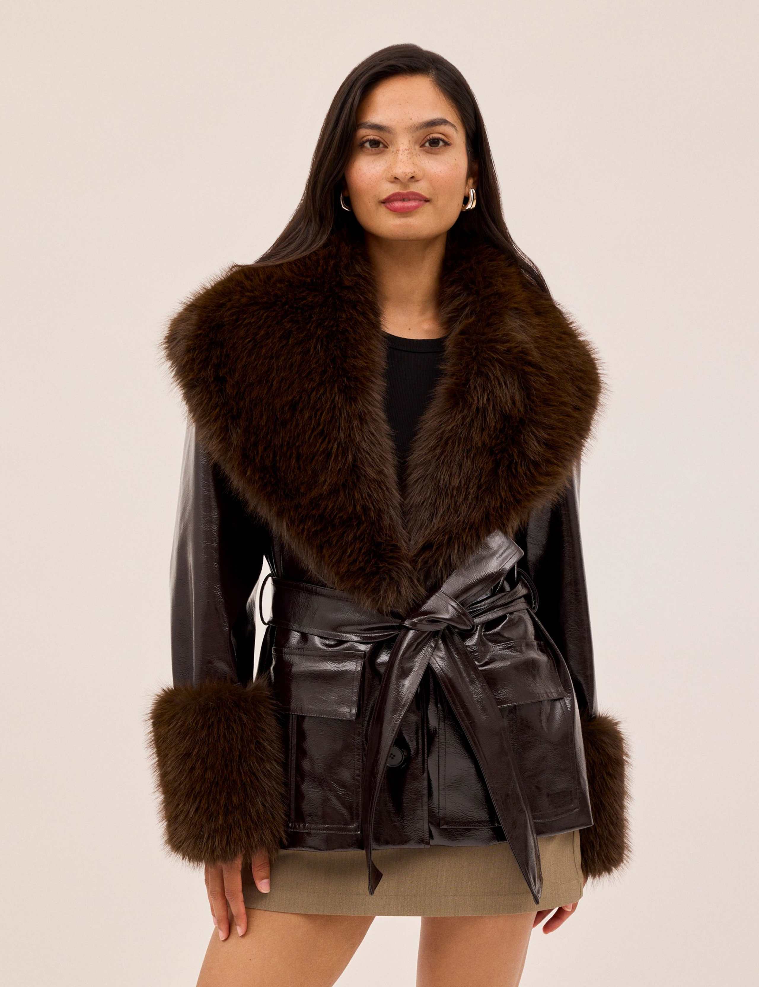 Vinyl Belted Faux Fur Trim Jacket 4 of 6
