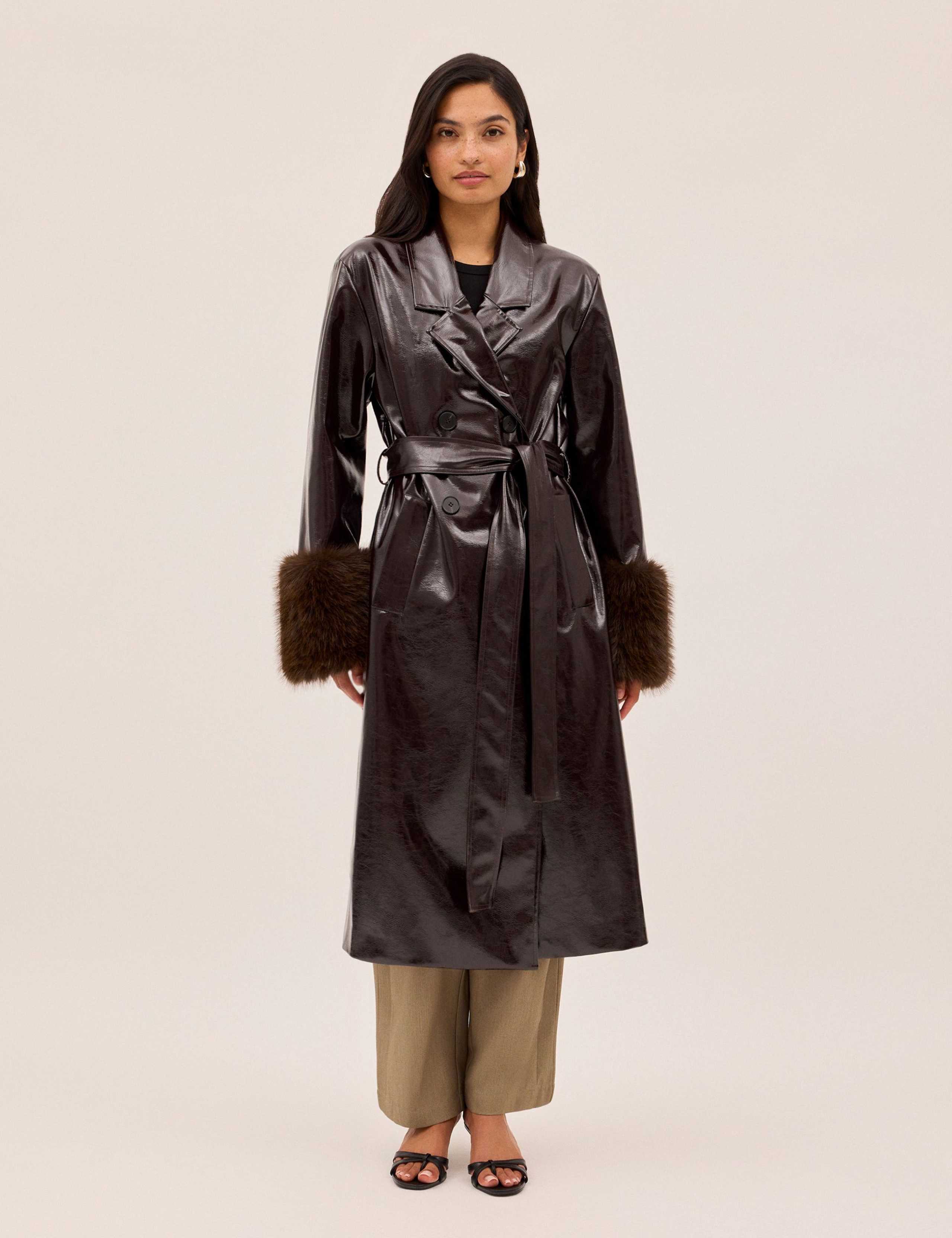 Vinyl Faux Fur Trim Longline Coat 2 of 6