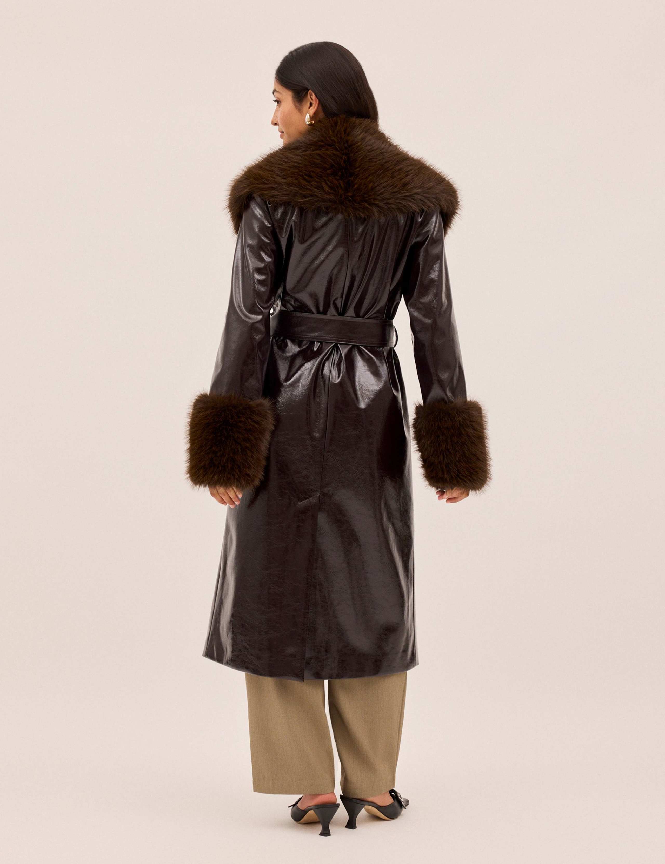 Vinyl Faux Fur Trim Longline Coat 3 of 6