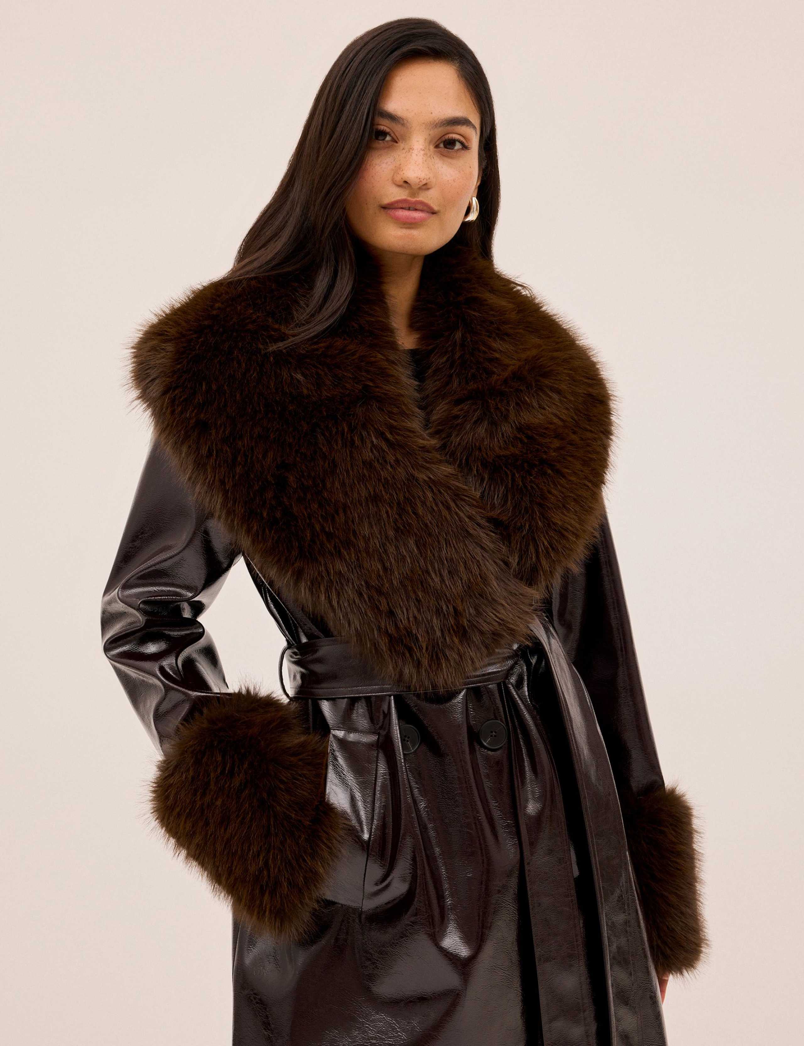Vinyl Faux Fur Trim Longline Coat 7 of 7