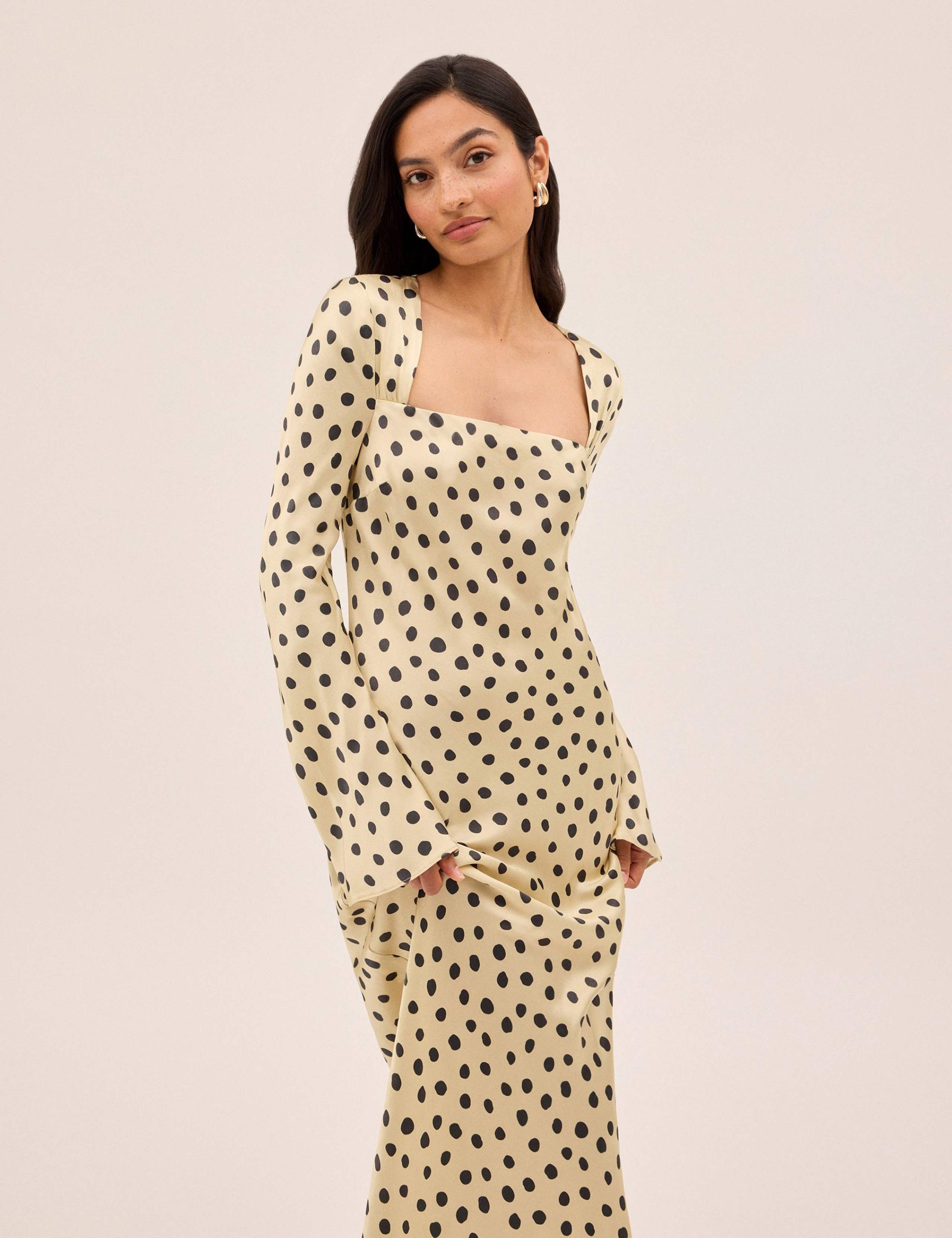 Satin Polka Dot Square Neck Bodycon Dress 2 of 3