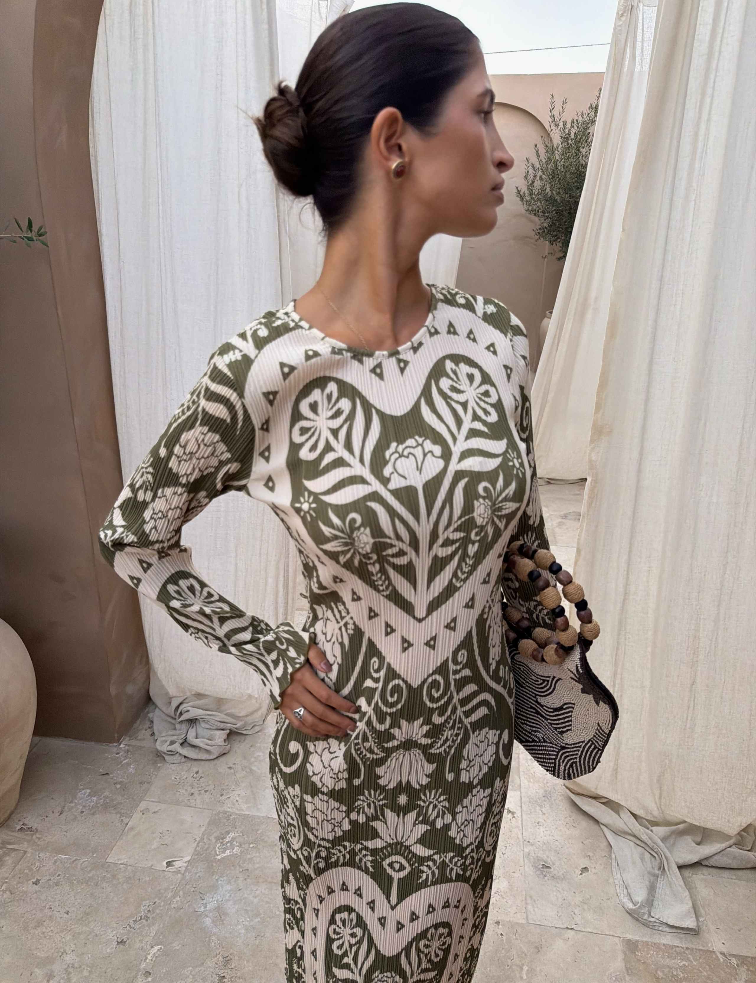 Floral Plisse Tie Neck Midi Column Dress 2 of 5