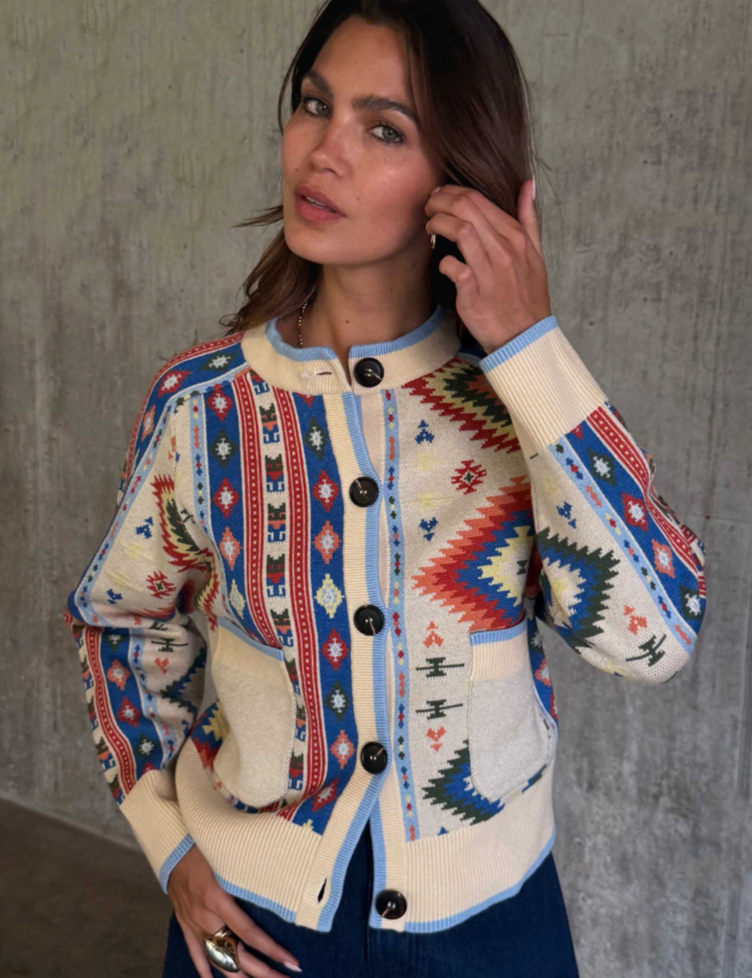 Geometric Crew Neck Button Through Cardigan 3 of 6