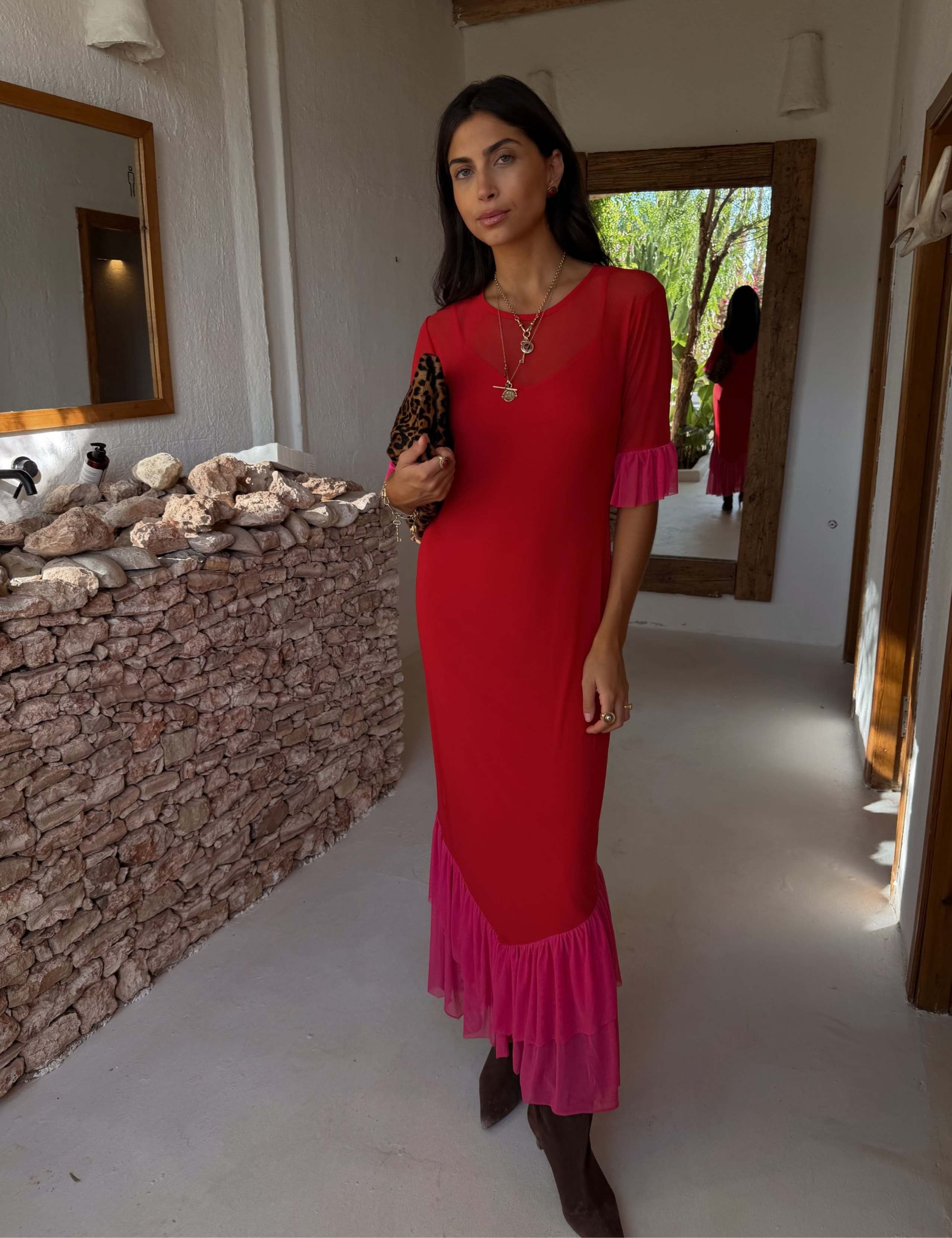 Mesh Textured Ruffle Maxi Bodycon Dress 1 of 3