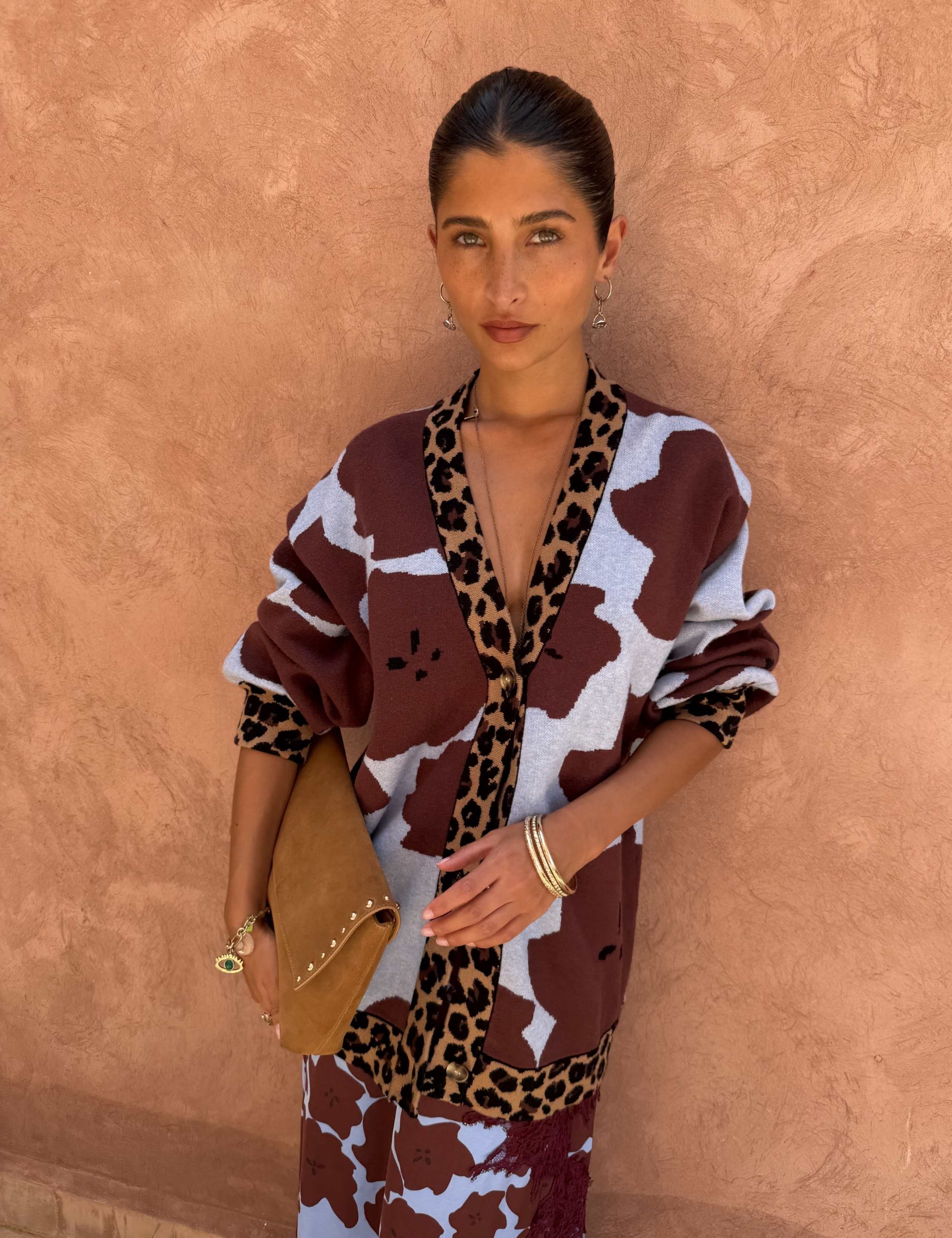 Floral Leopard Print Trim Relaxed Cardigan 2 of 4