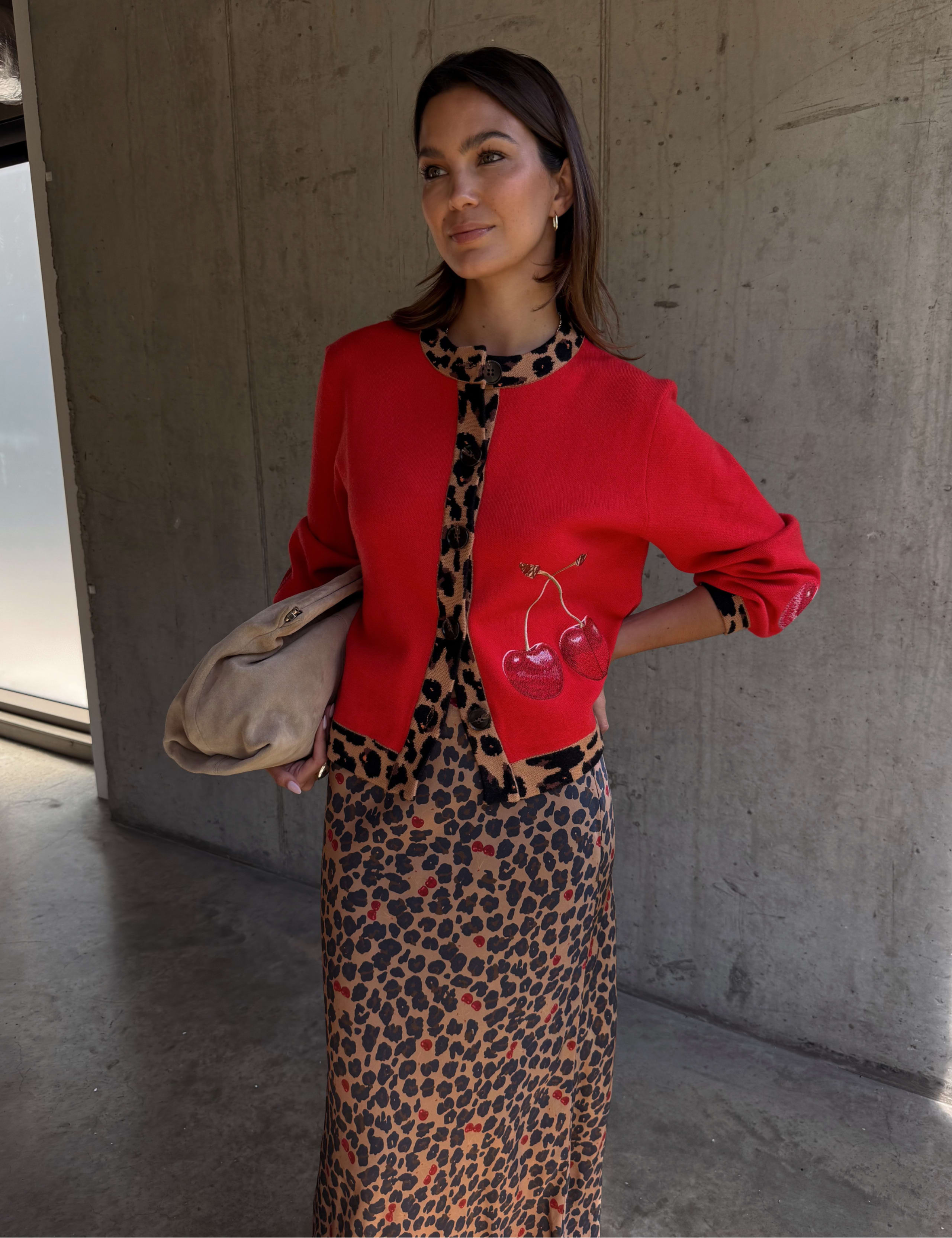Cherry Leopard Print Crew Neck Cardigan 1 of 7
