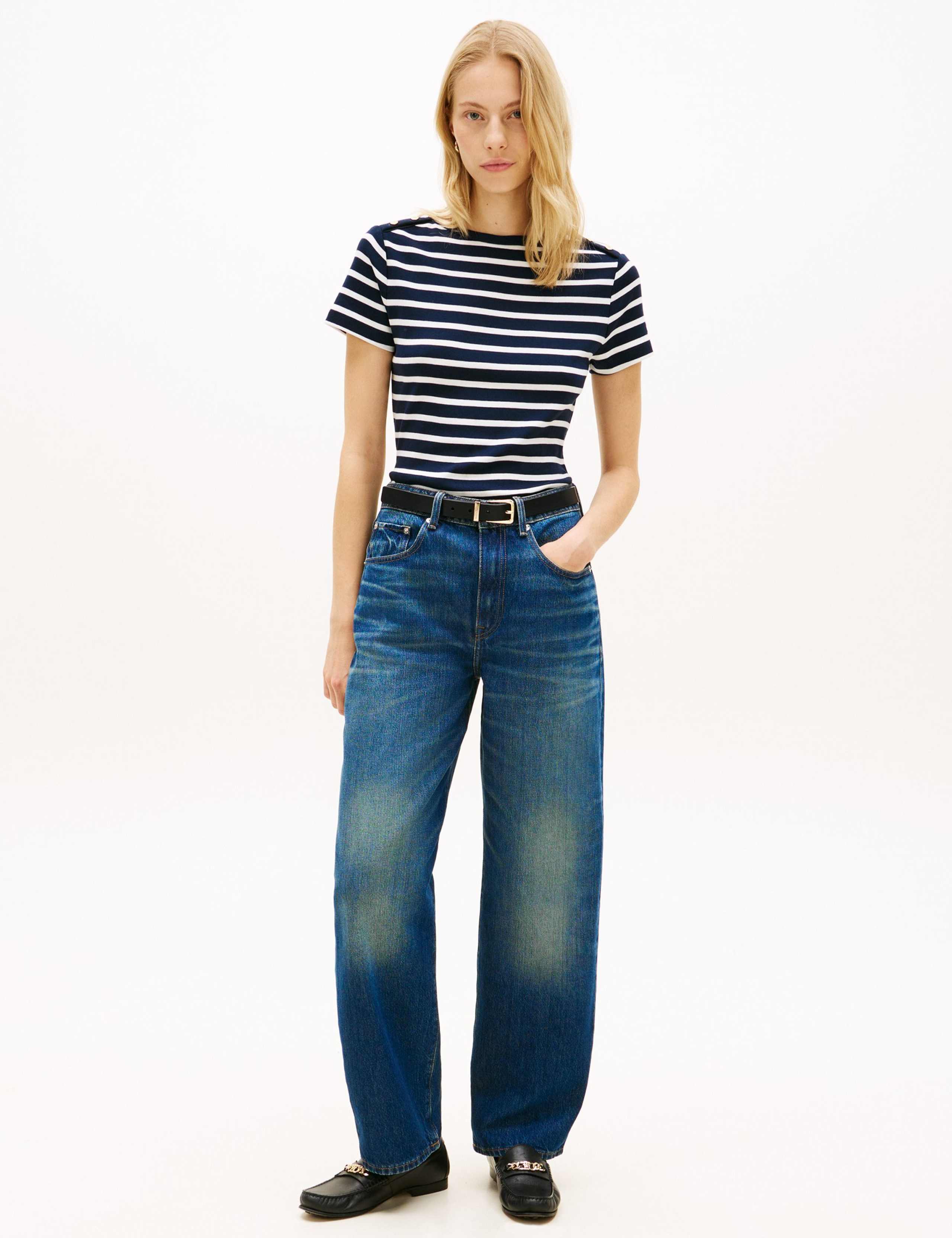 Pure Cotton Striped Button Detail T-Shirt 3 of 5