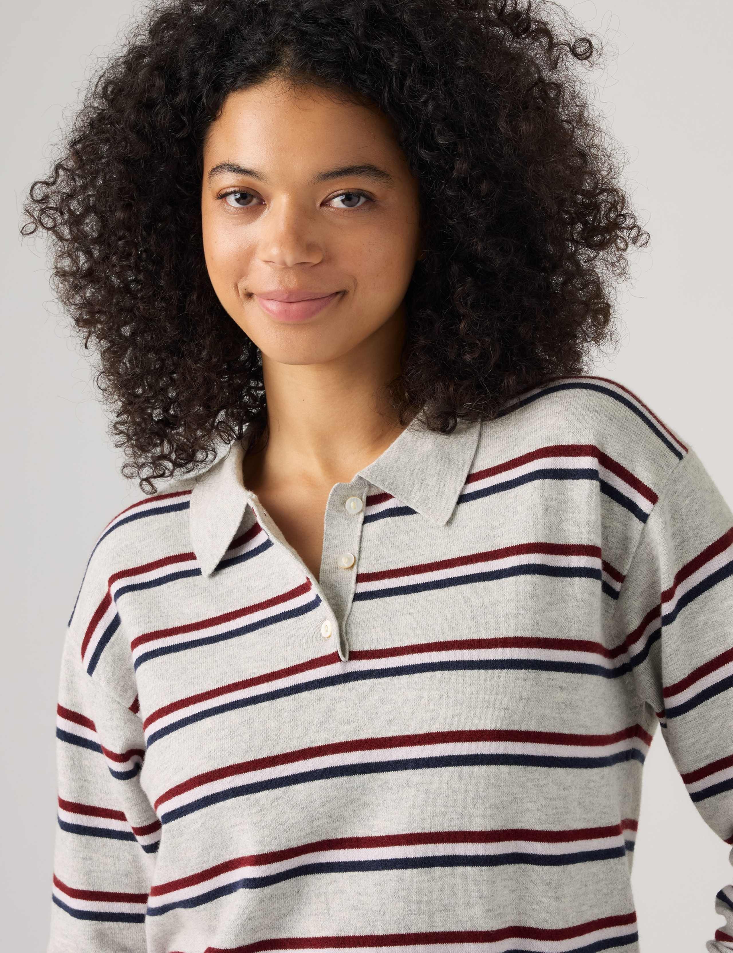 Cotton Blend Striped Polo Neck Jumper 4 of 6