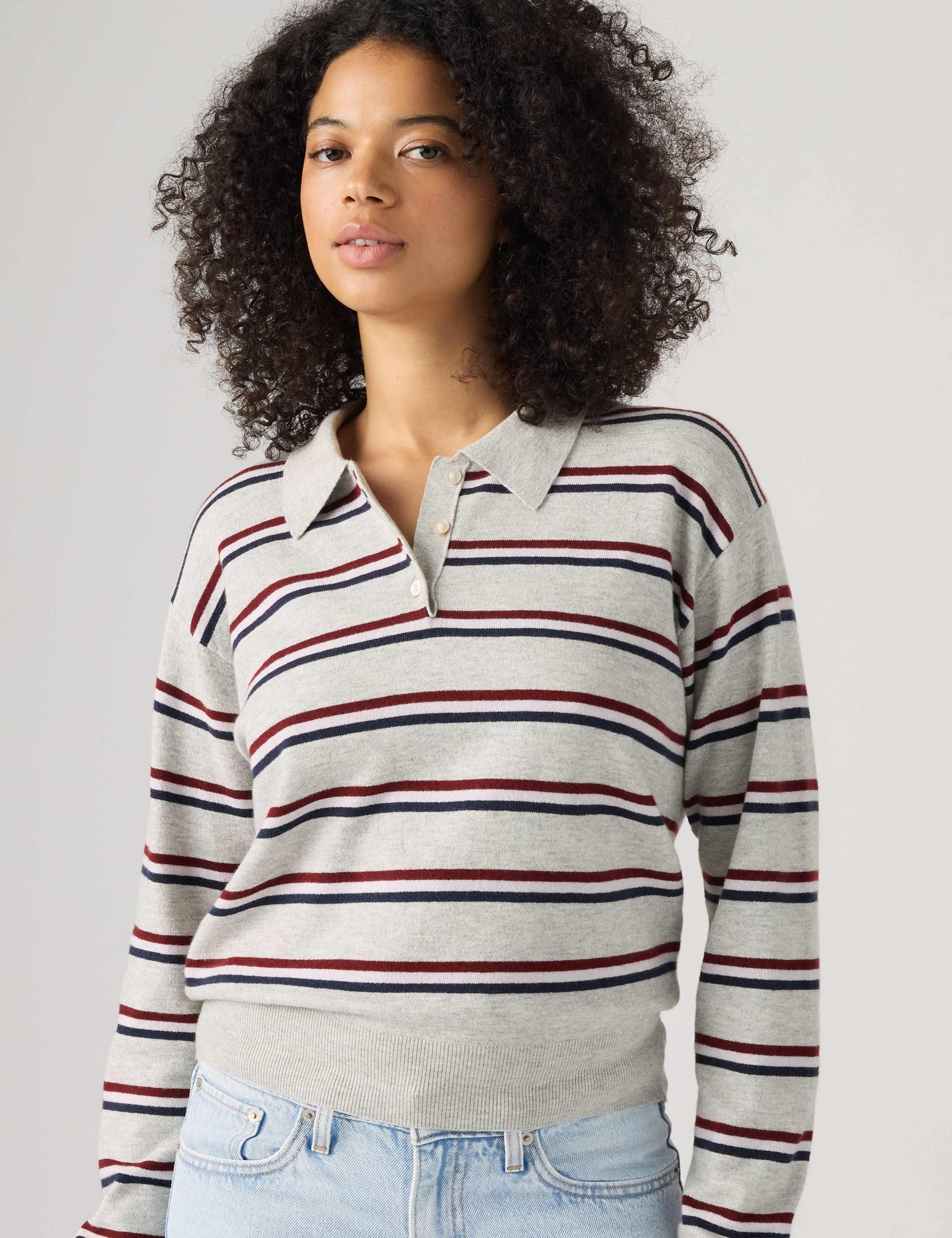 Cotton Blend Striped Polo Neck Jumper 6 of 6