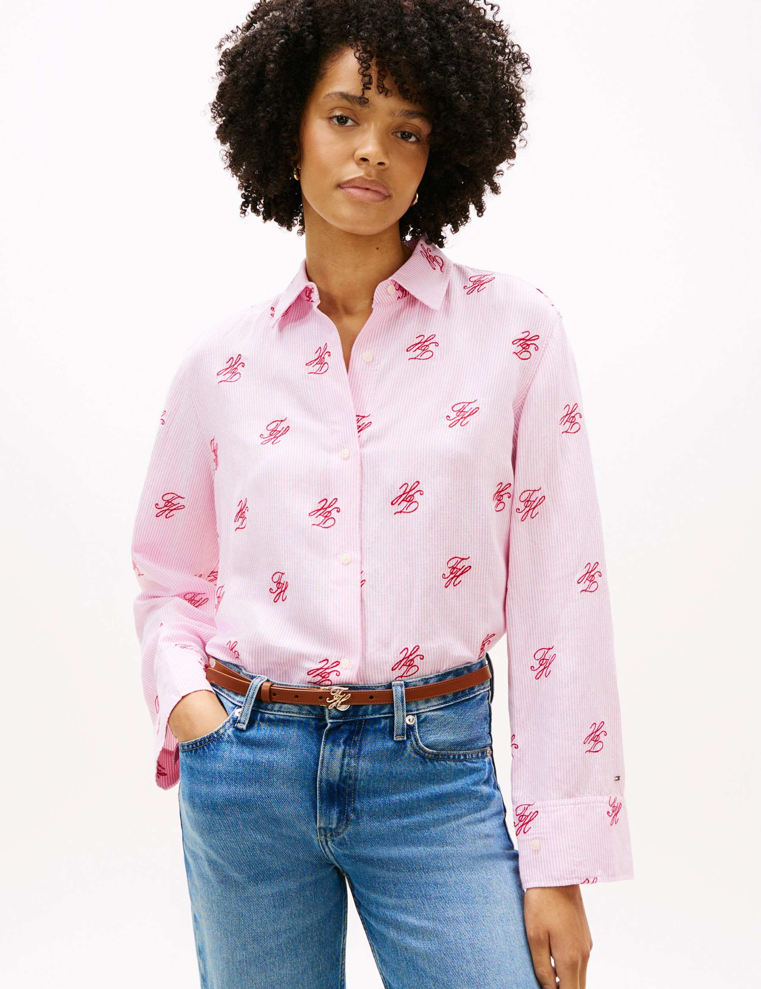 Linen Blend Striped Monogram Collared Shirt 1 of 5