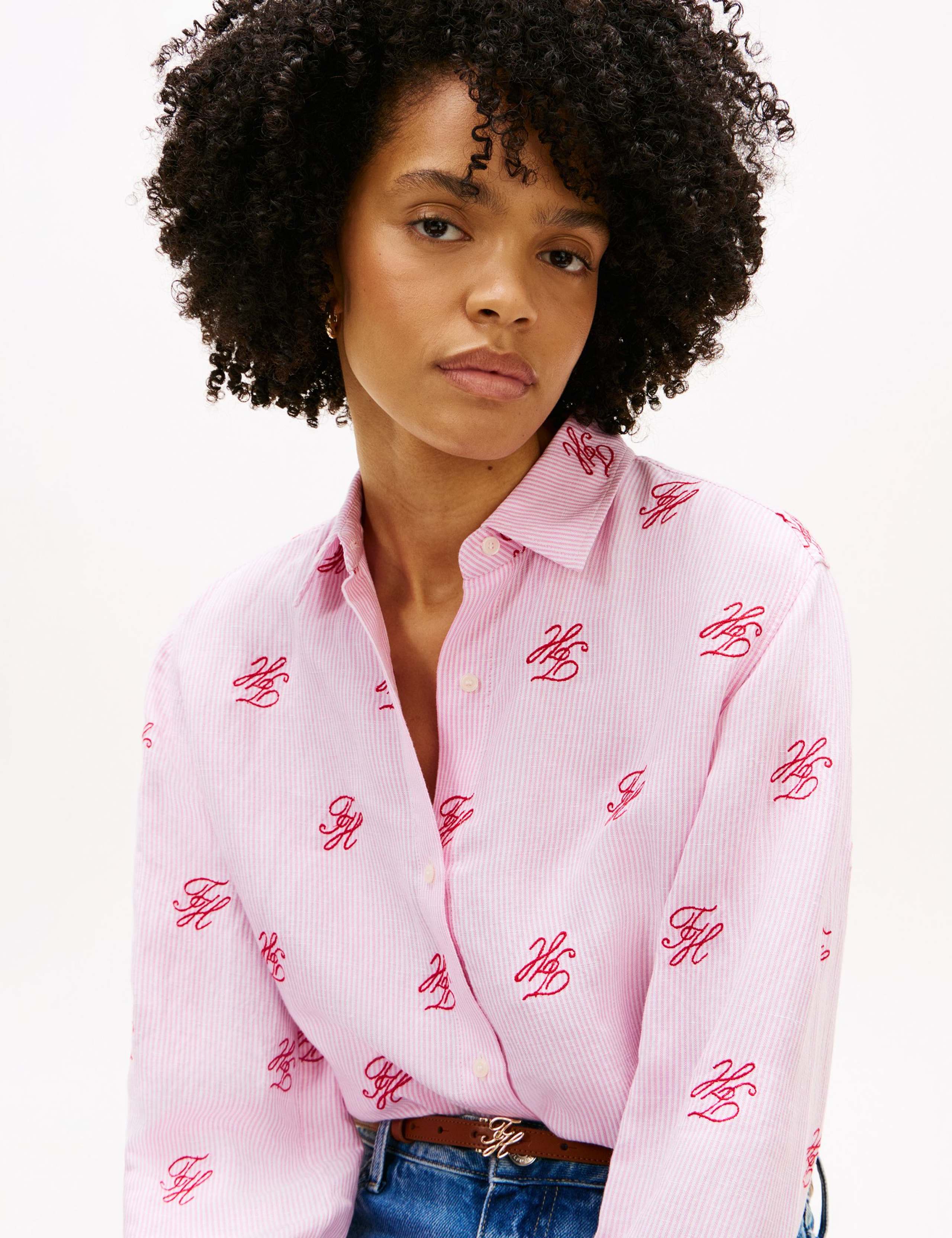 Linen Blend Striped Monogram Collared Shirt 5 of 5