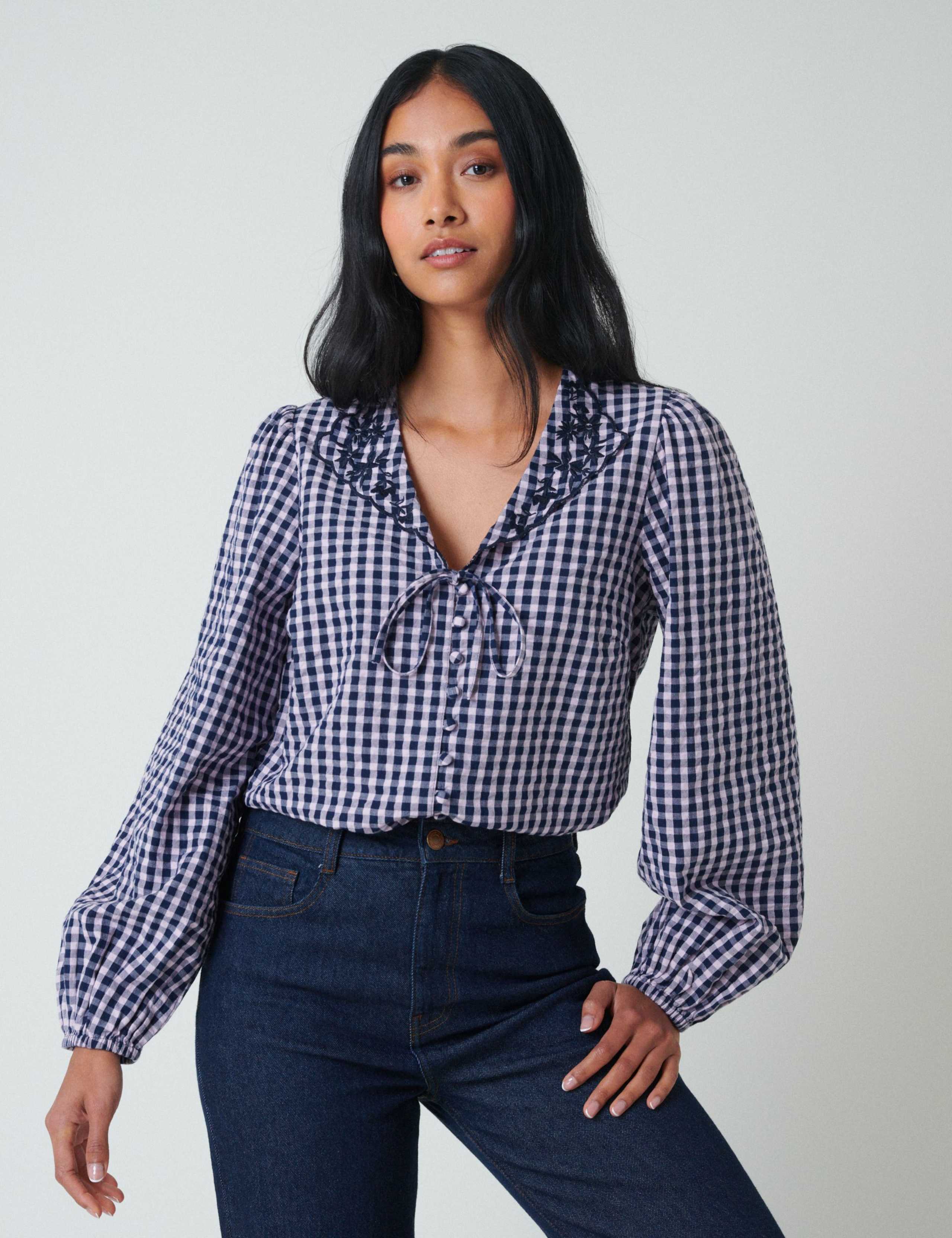 Pure Cotton Collared V-Neck Gingham Blouse 1 of 4