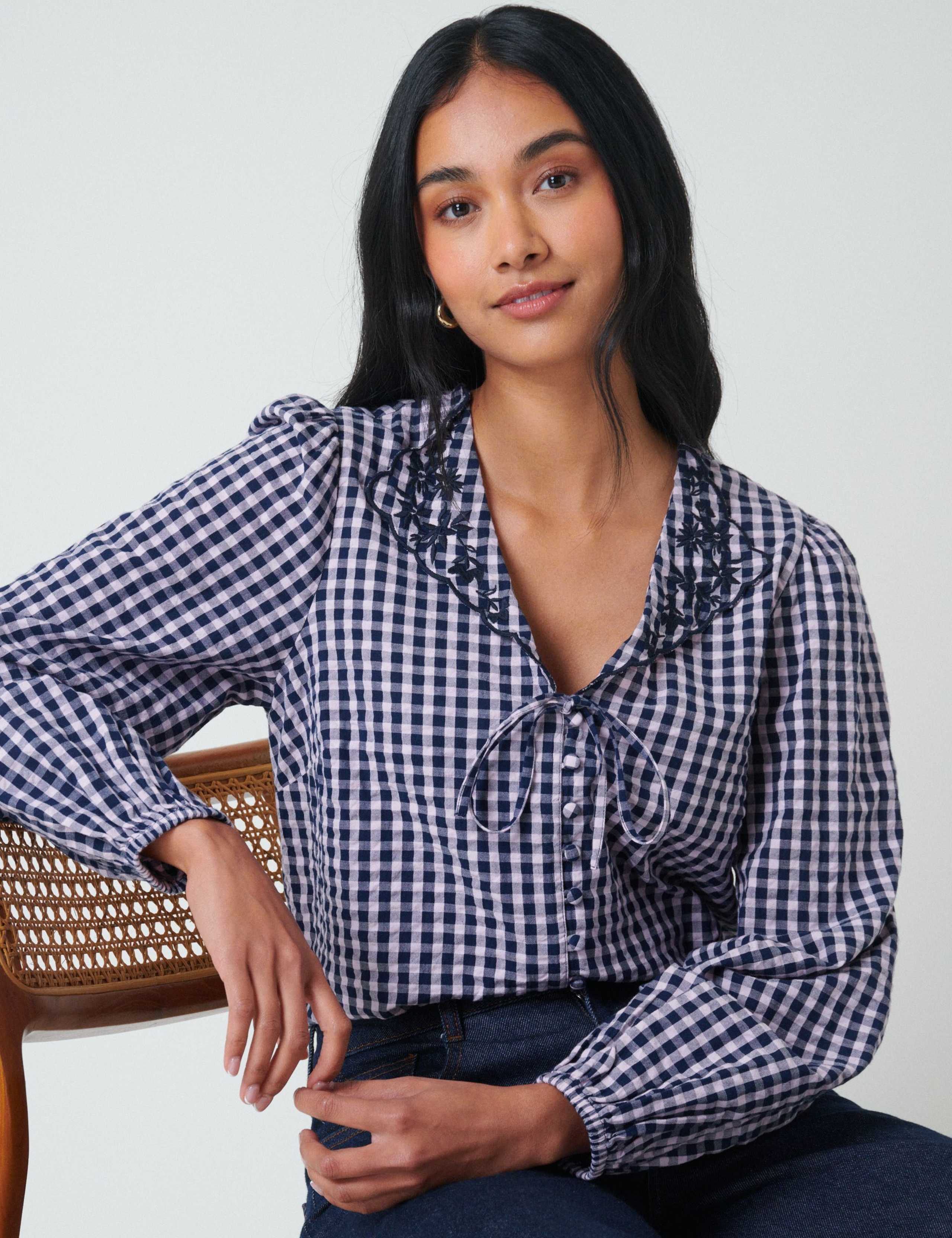 Pure Cotton Collared V-Neck Gingham Blouse 2 of 4