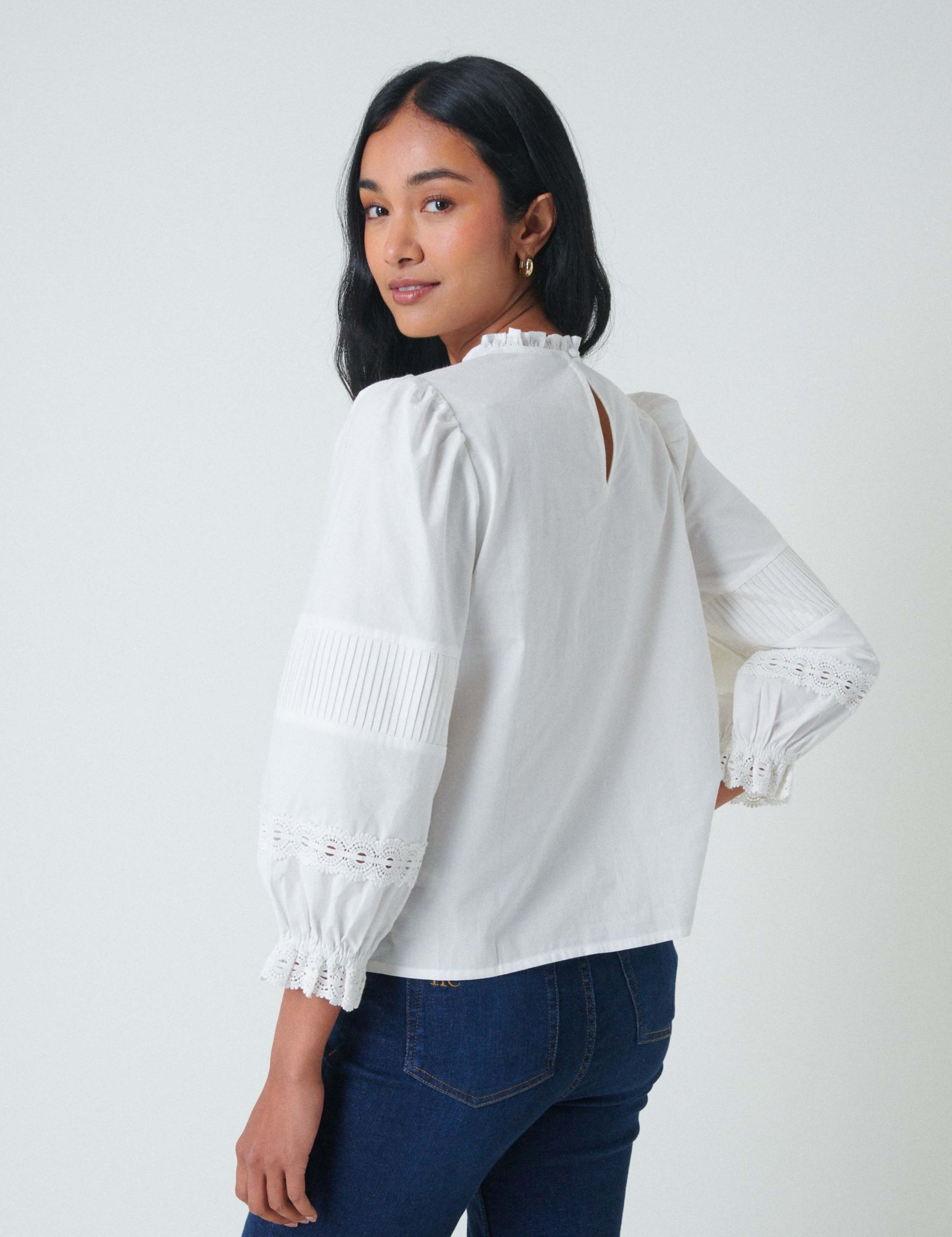 Pure Cotton Frill Neck Lace Insert Blouse 3 of 5