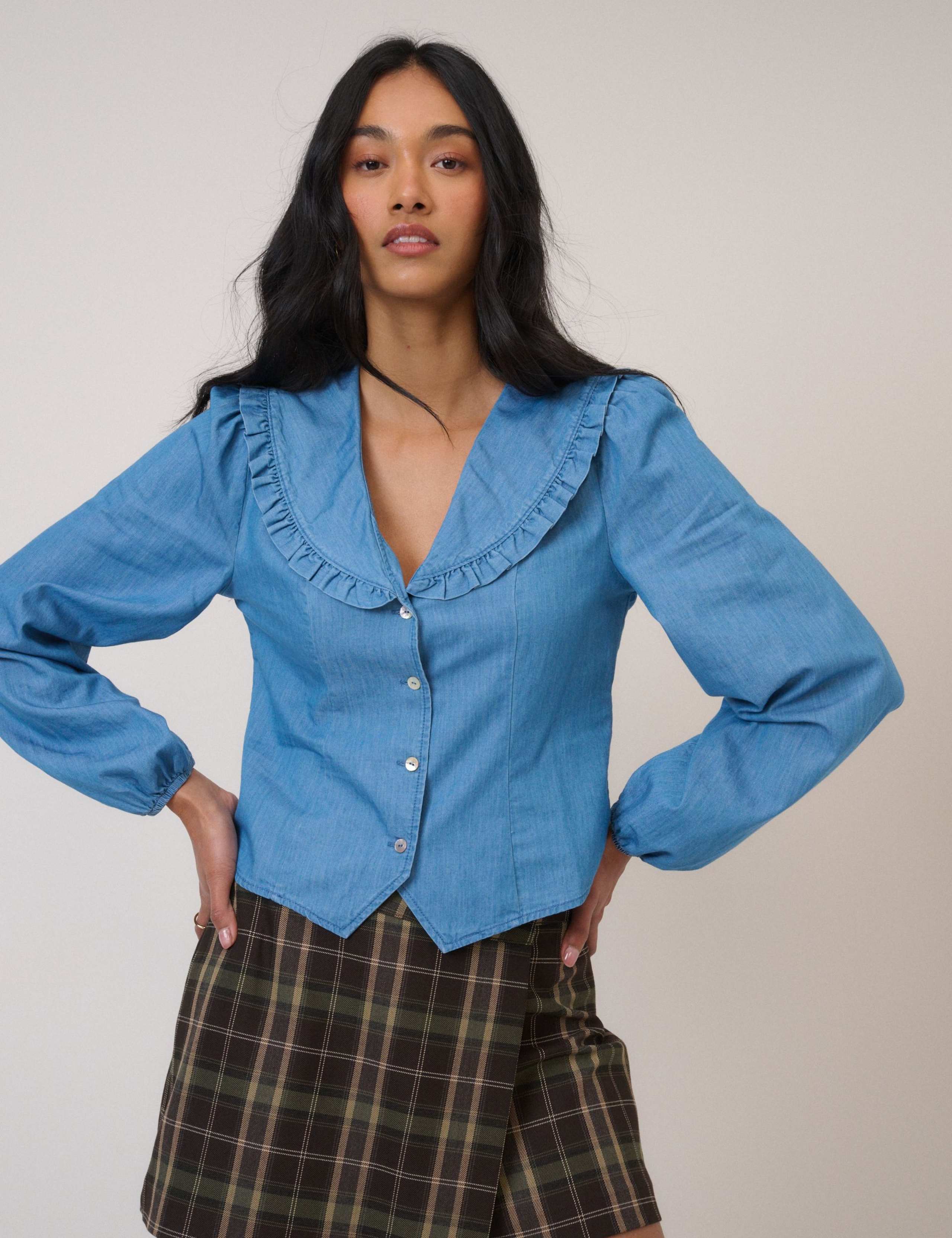 Denim Frill Collar Button Through Blouse 1 of 5