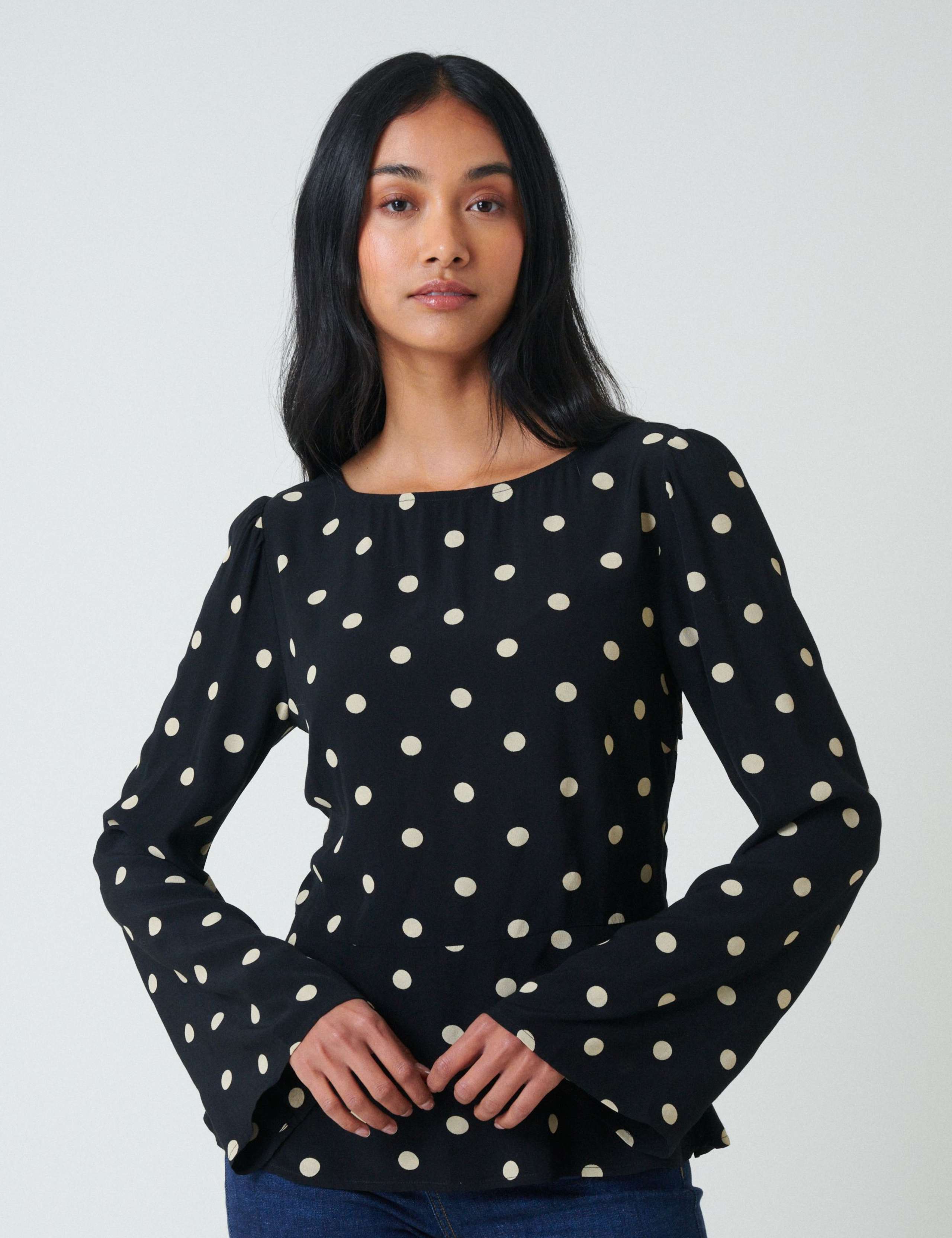 Polka Dot Round Neck Flute Sleeve Blouse 1 of 5