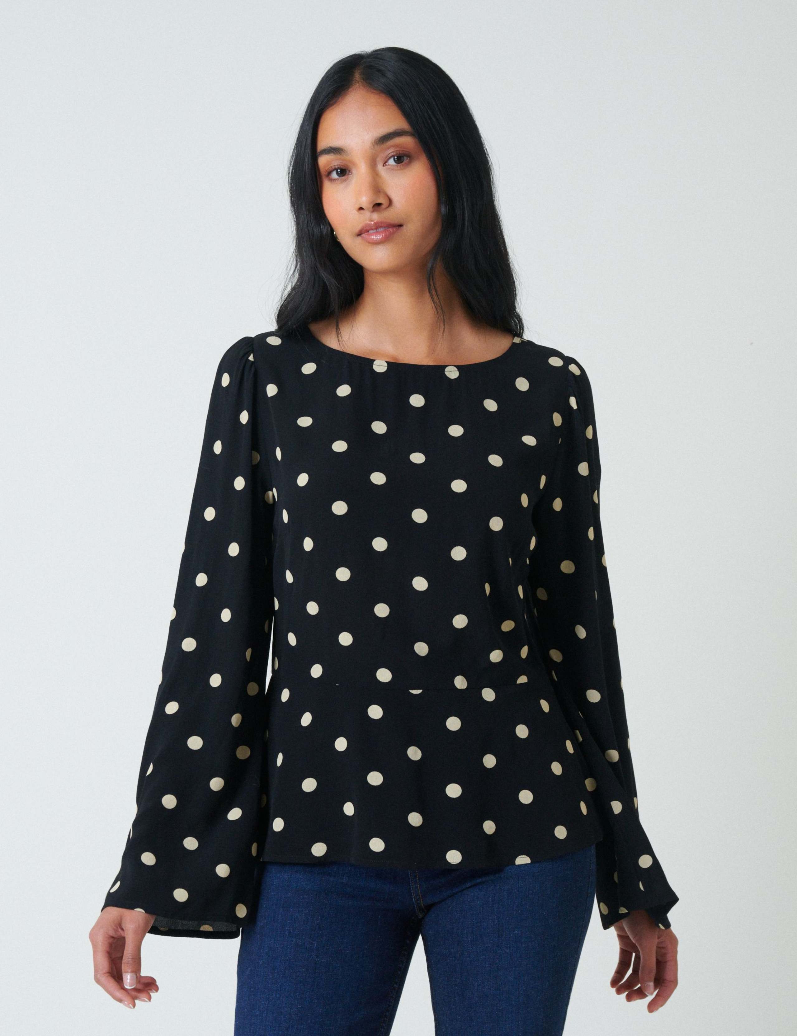 Polka Dot Round Neck Flute Sleeve Blouse 2 of 5