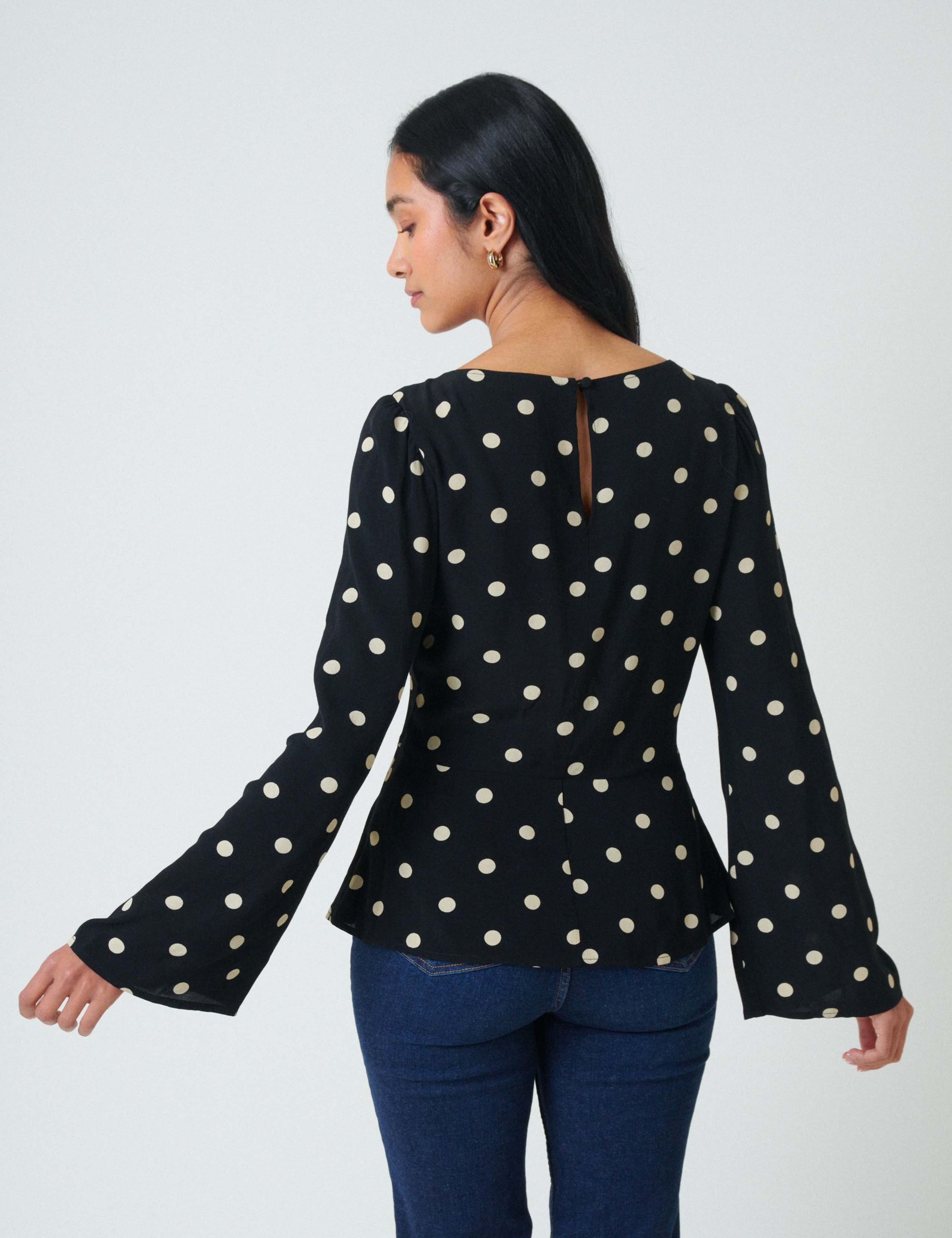 Polka Dot Round Neck Flute Sleeve Blouse 3 of 5