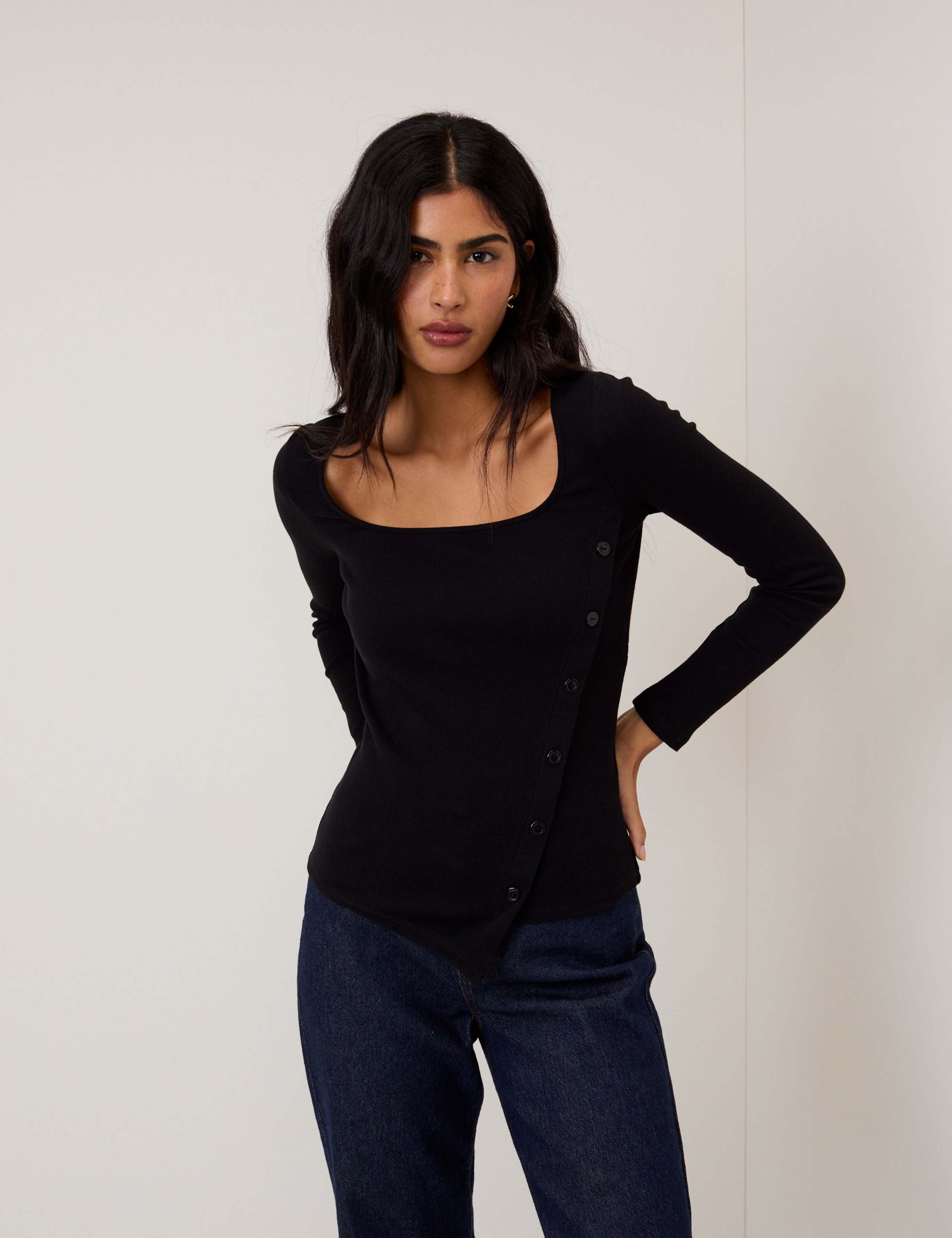 Ribbed Square Neck Asymmetric Fitted Top 1 of 5