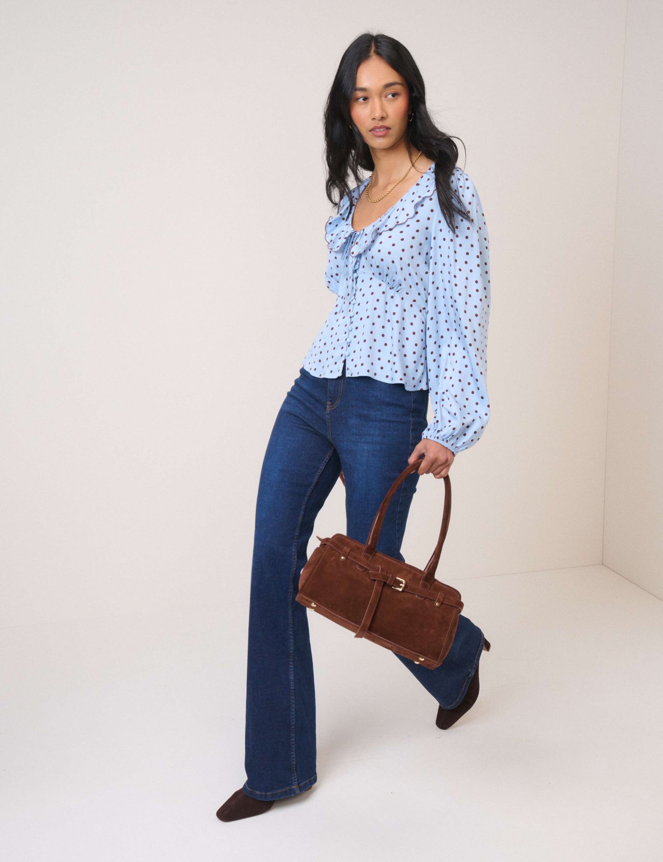 Satin Polka Dot V-Neck Ruffle Blouse 2 of 5