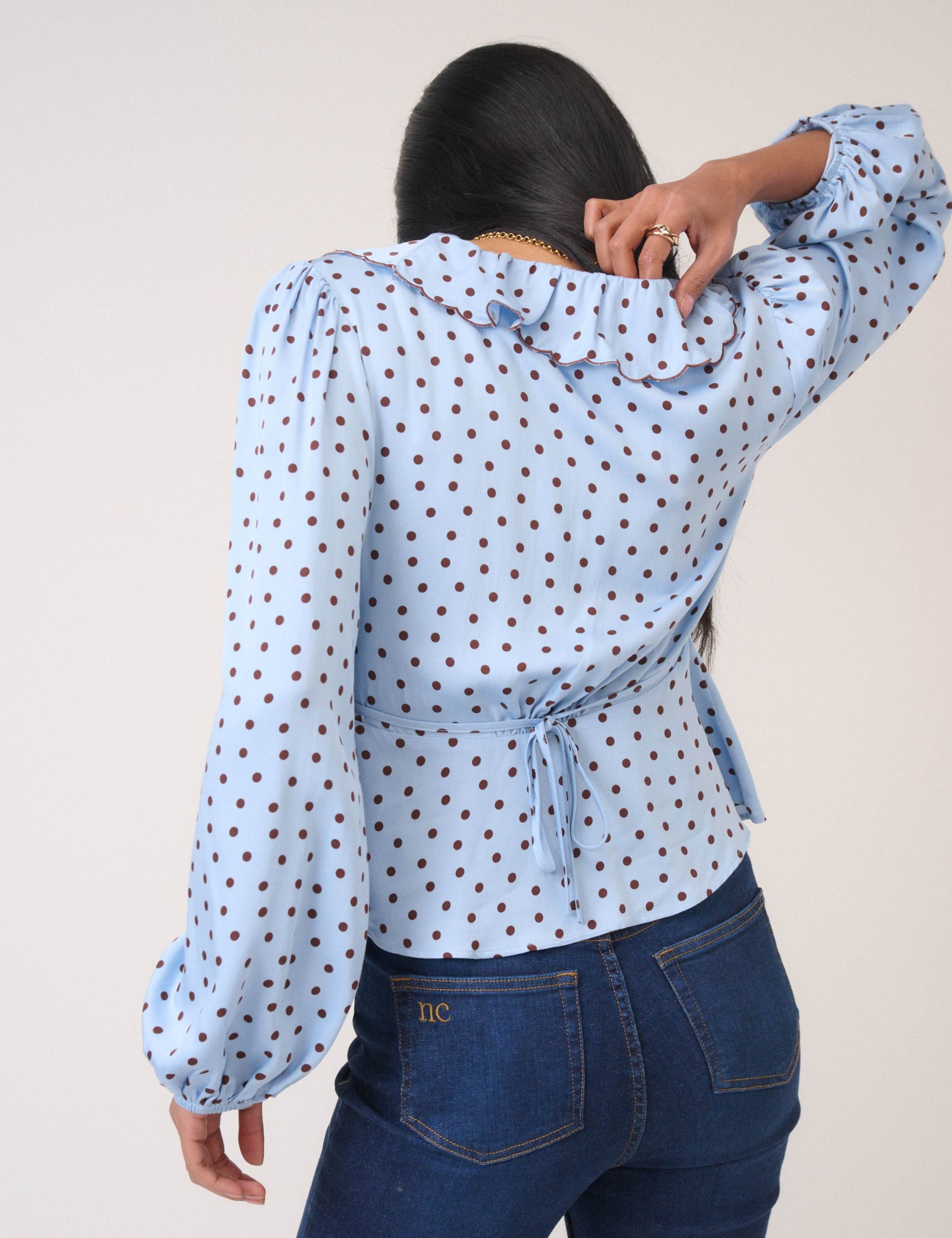 Satin Polka Dot V-Neck Ruffle Blouse 3 of 5