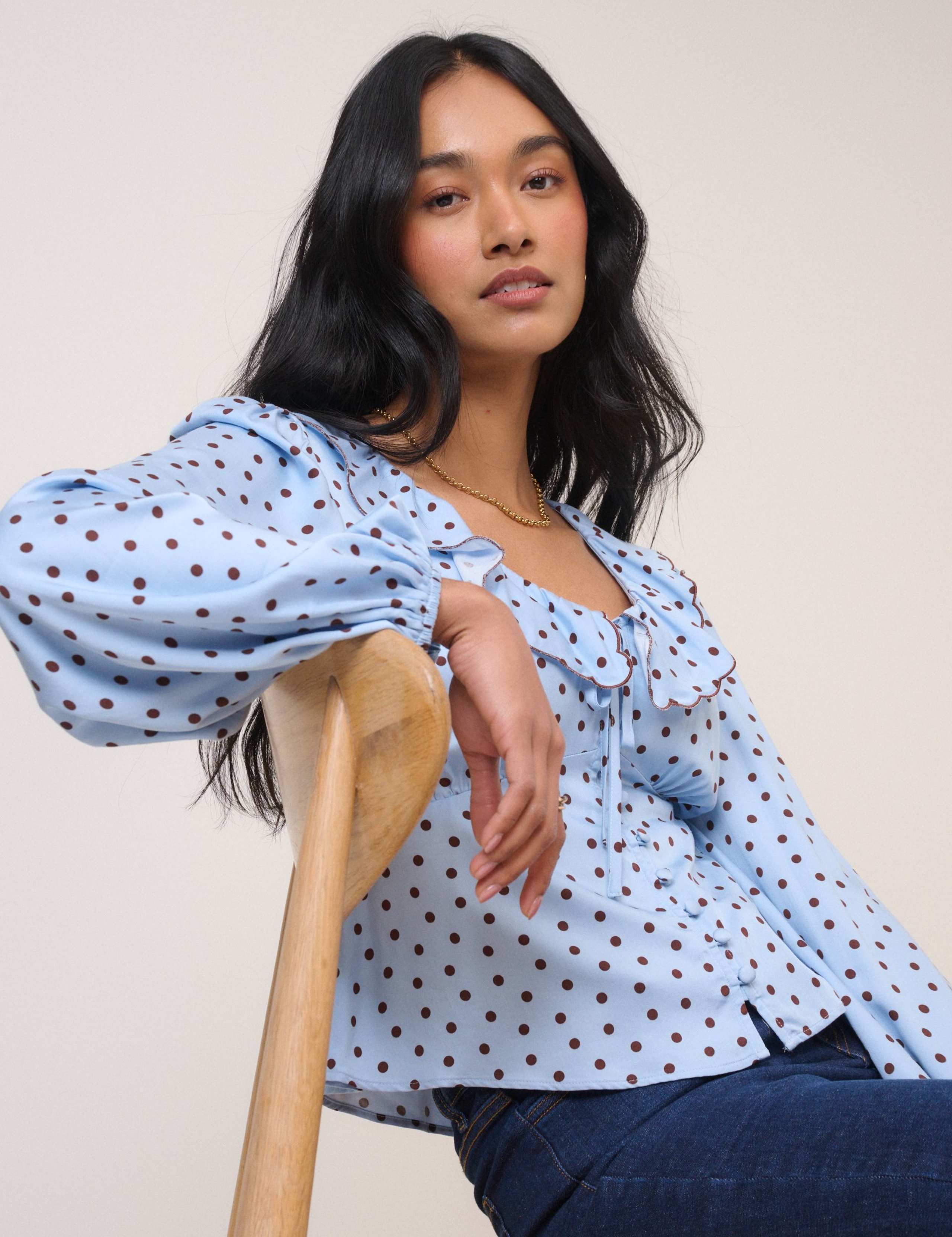 Satin Polka Dot V-Neck Ruffle Blouse 4 of 5