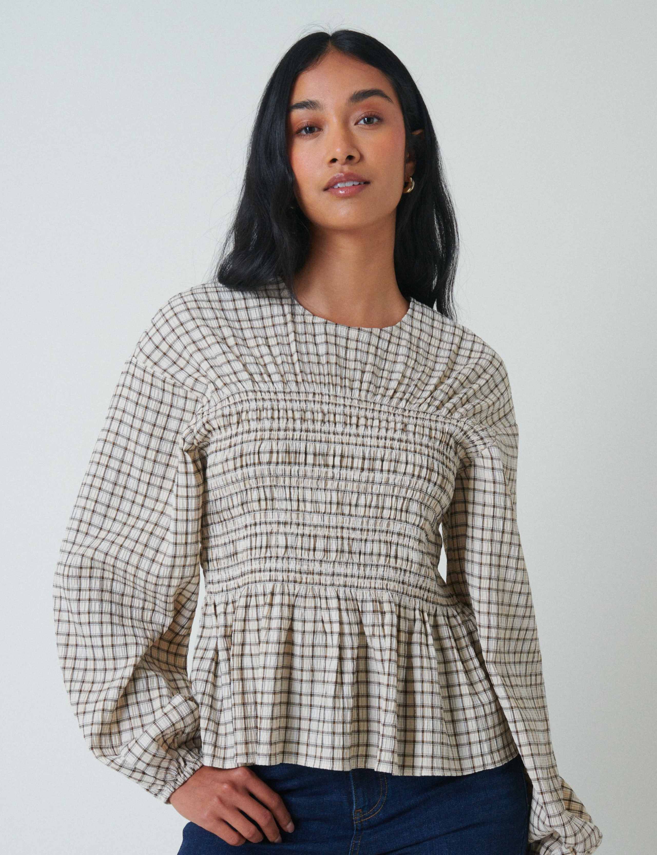 Checked Crew Neck Shirred Fitted Peplum Top 1 of 5