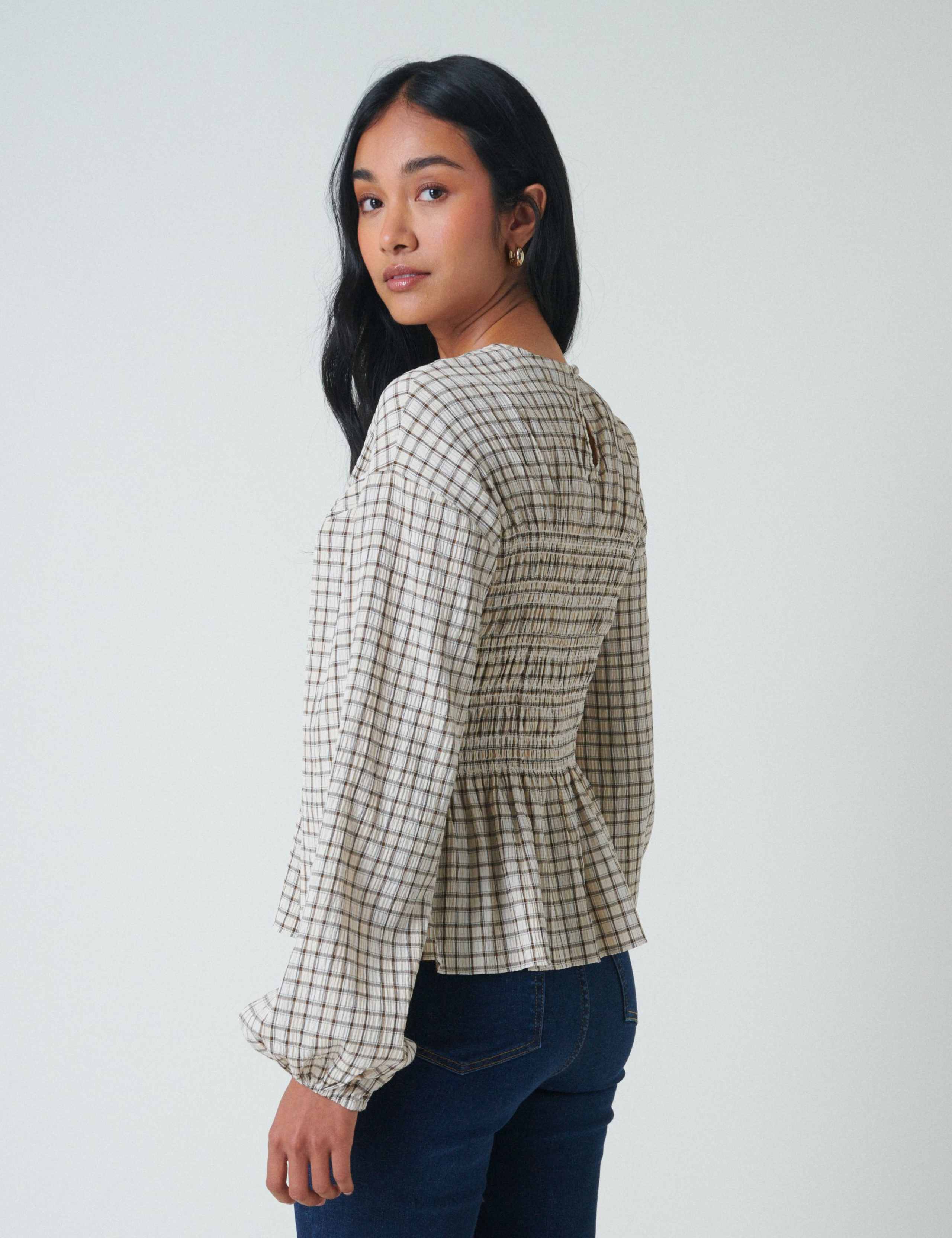 Checked Crew Neck Shirred Fitted Peplum Top 3 of 5