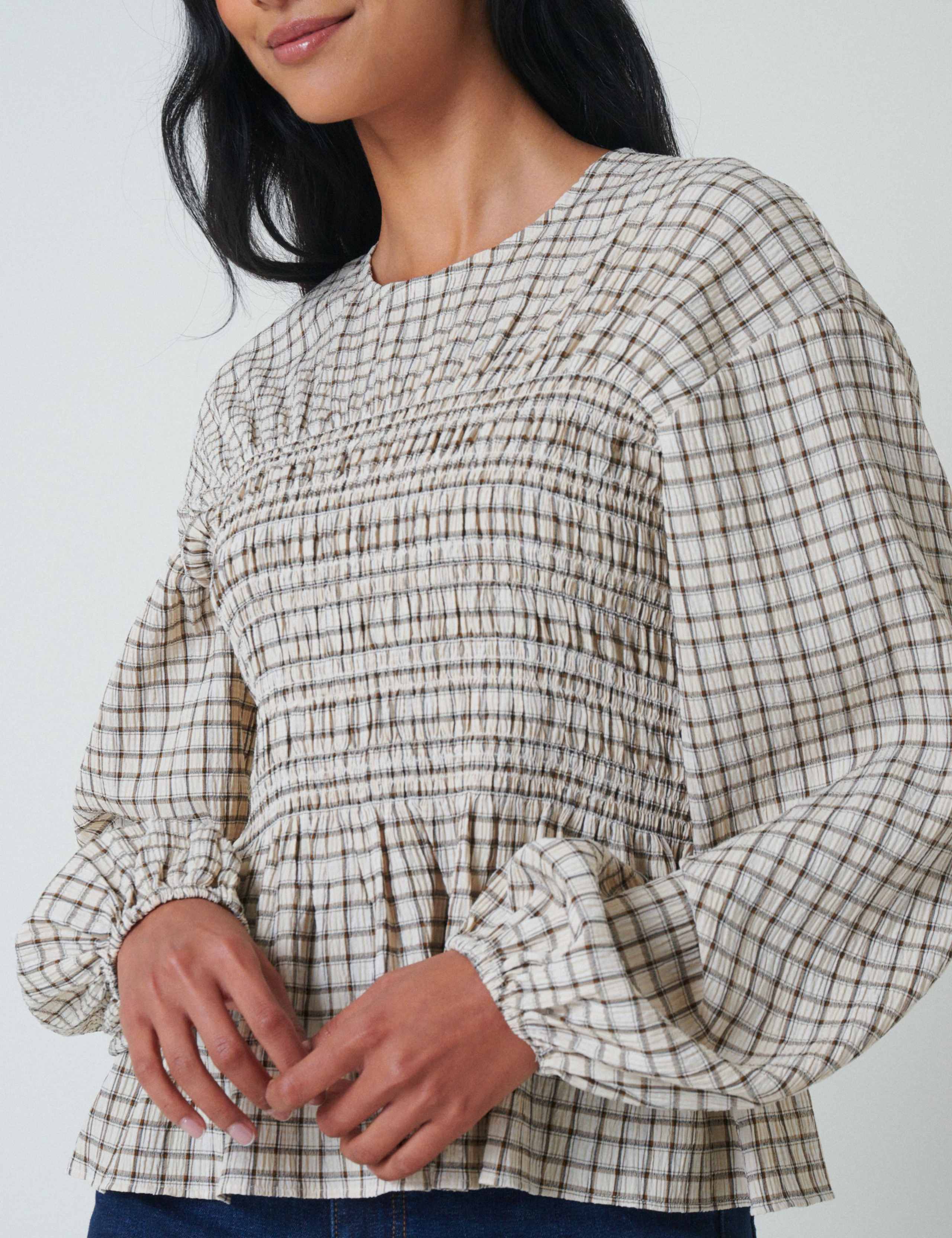 Checked Crew Neck Shirred Fitted Peplum Top 4 of 5